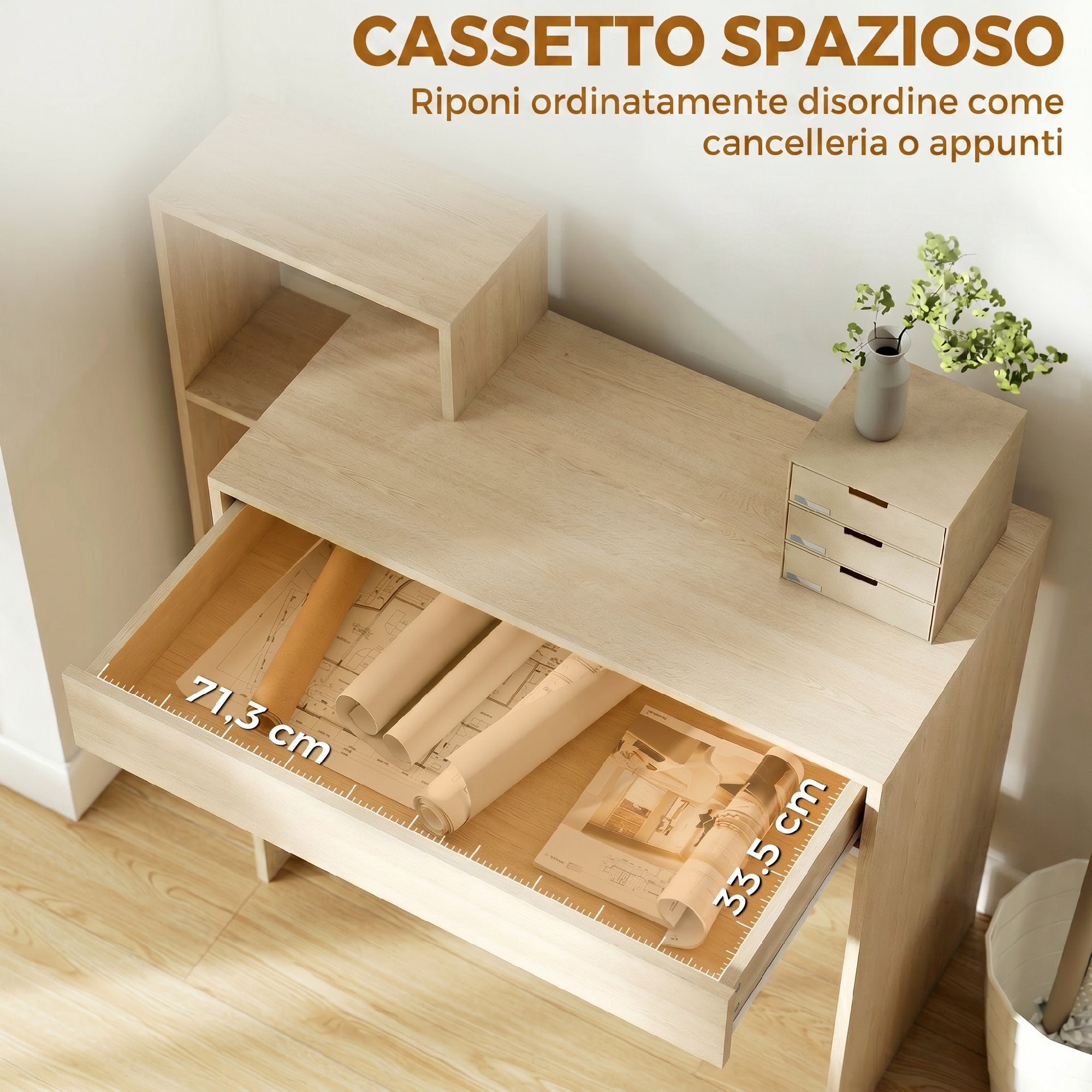 HOMCOM Modern PC Desk with 3 Open Shelves and Drawer, Wooden, Wood Color, 100x40x90 cm