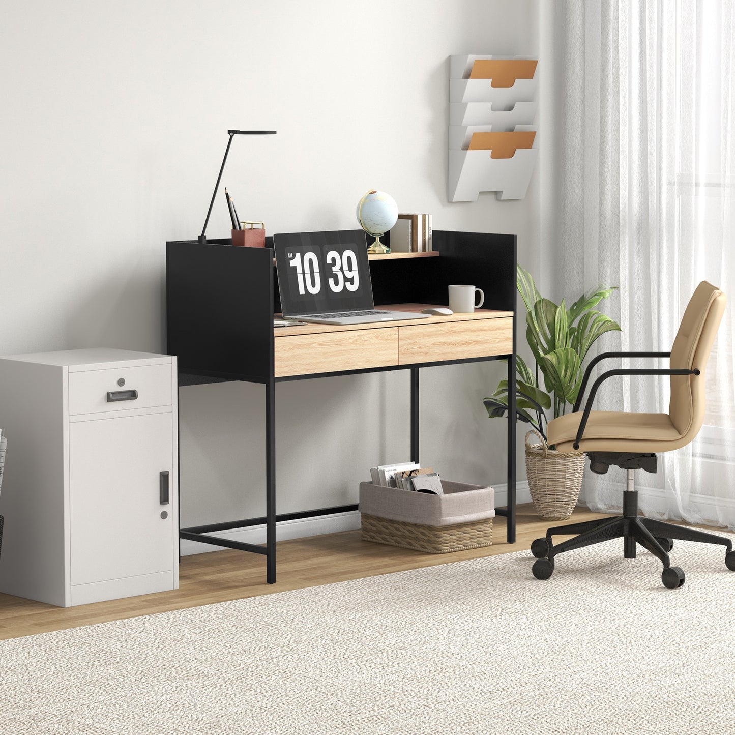 2 Drawer Desk with Top Shelf, Wood and Steel, 106x51.5x102.5 cm, Black and Oak Color