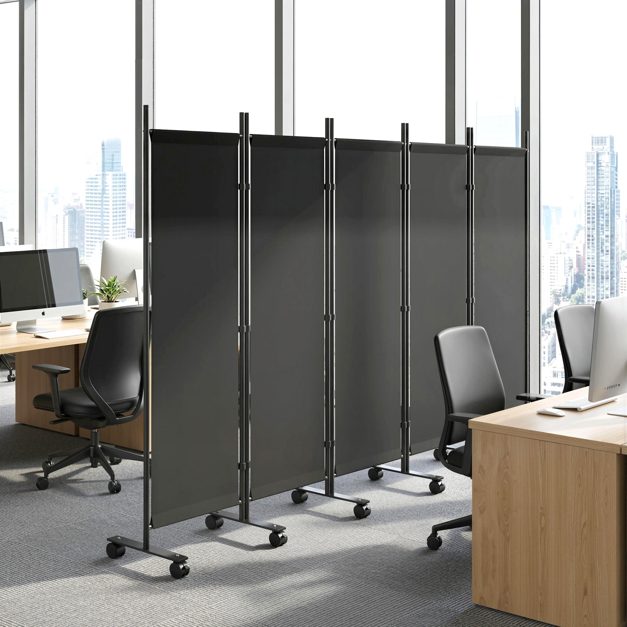 Outsunny 5-Panel Decorative Steel Room Divider with 12 Wheels and Connection Clips, Black