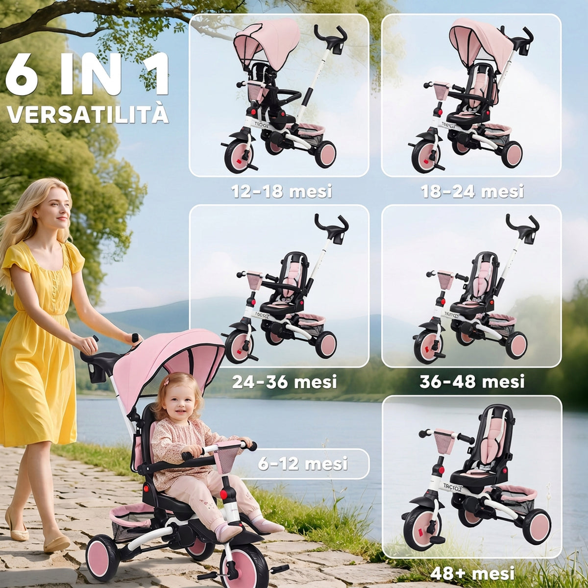 AIYAPLAY 6-in-1 Children's Tricycle with Push Handle and Swivel Seat, 111.5x52x98 cm, Pink