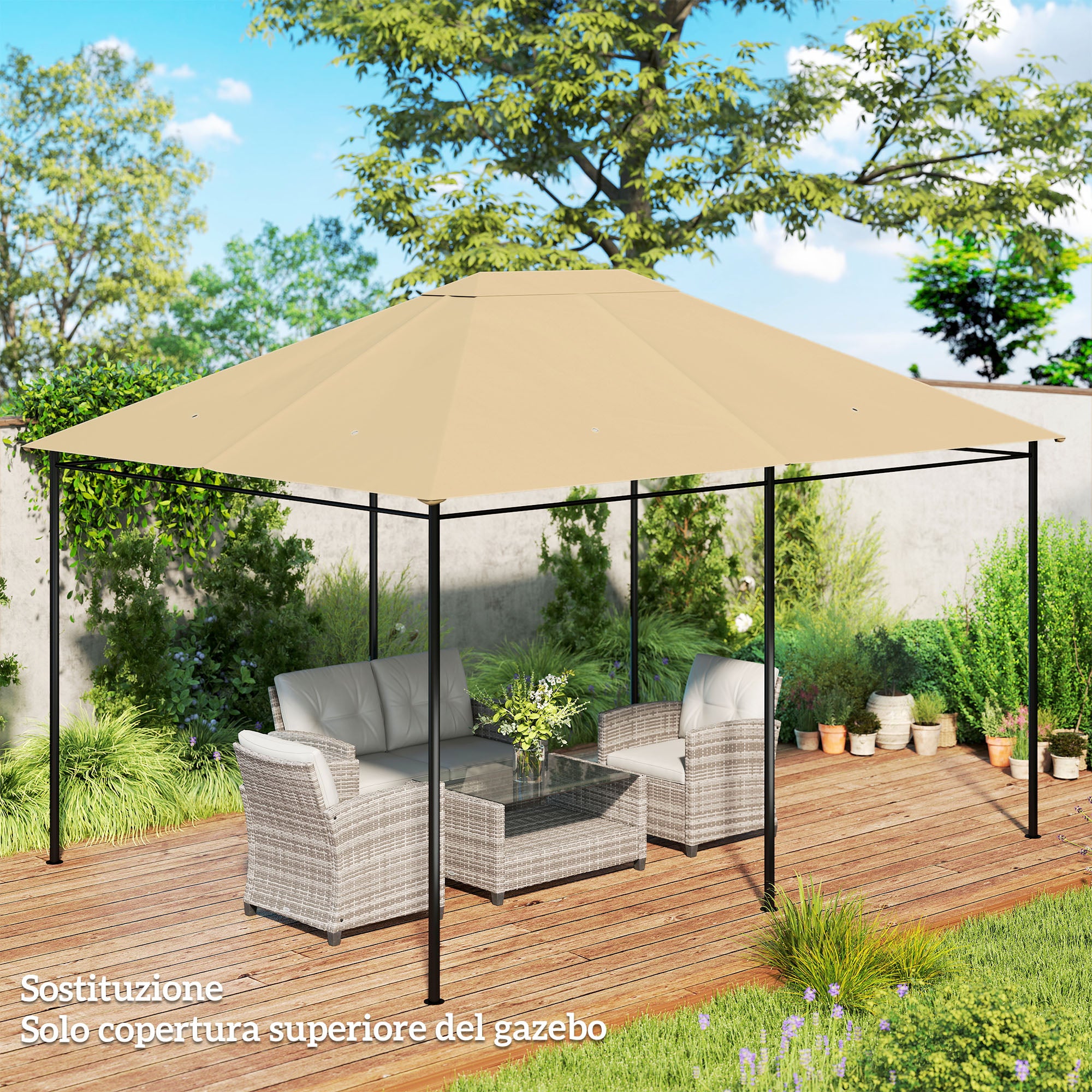 Outsunny 4x3m UV-Resistant Polyester Gazebo Replacement Roof with Air Vent, Khaki