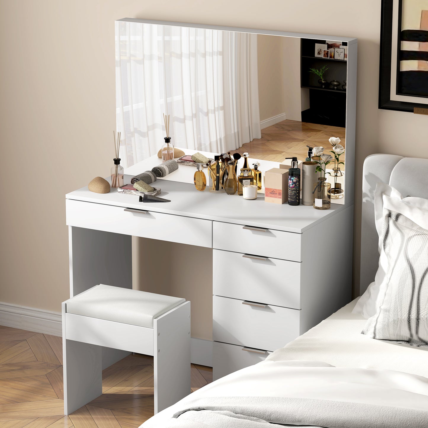 Dressing Table Set with Mirror and 5 Drawers 97.2x44. 5x136. 5 cm and Padded Stool 40x24x46 cm, White