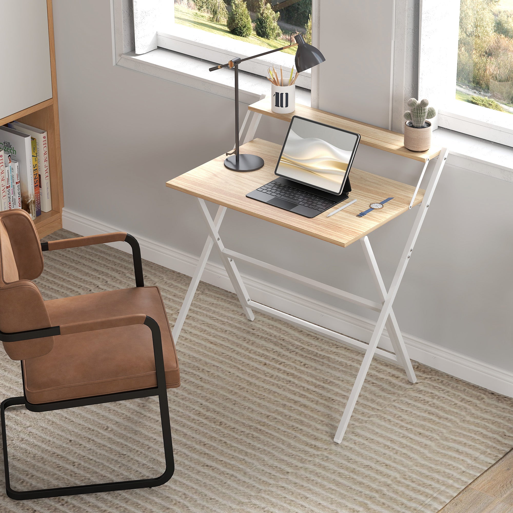 Folding Desk with Monitor Shelf, 81.5x62x86.5 cm, Wood and White