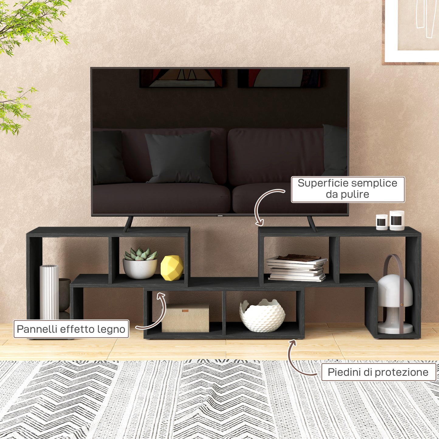 TV Unit 75" max Modular TV Stand with 2 L-Shaped Shelves and Rectangular Shelf, Wooden, 134-180x30.5x44 cm, Black