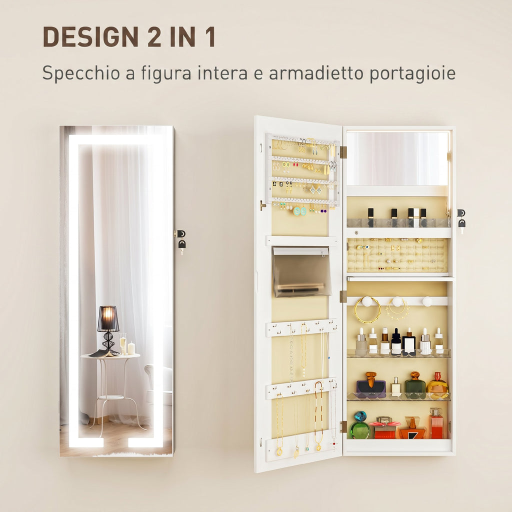 HOMCOM Wall or Door Mounted Jewelry Cabinet with Internal Mirror and LED Lights, with Lock and Key, Zip Pocket, White