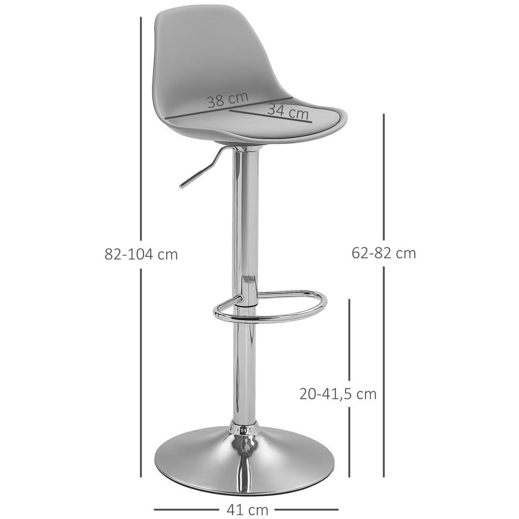 HOMCOM Set of 2 Bar Stools with Backrest and Footrest, in PP, PU Leather and Steel, 38x42x82-104 cm, Grey
