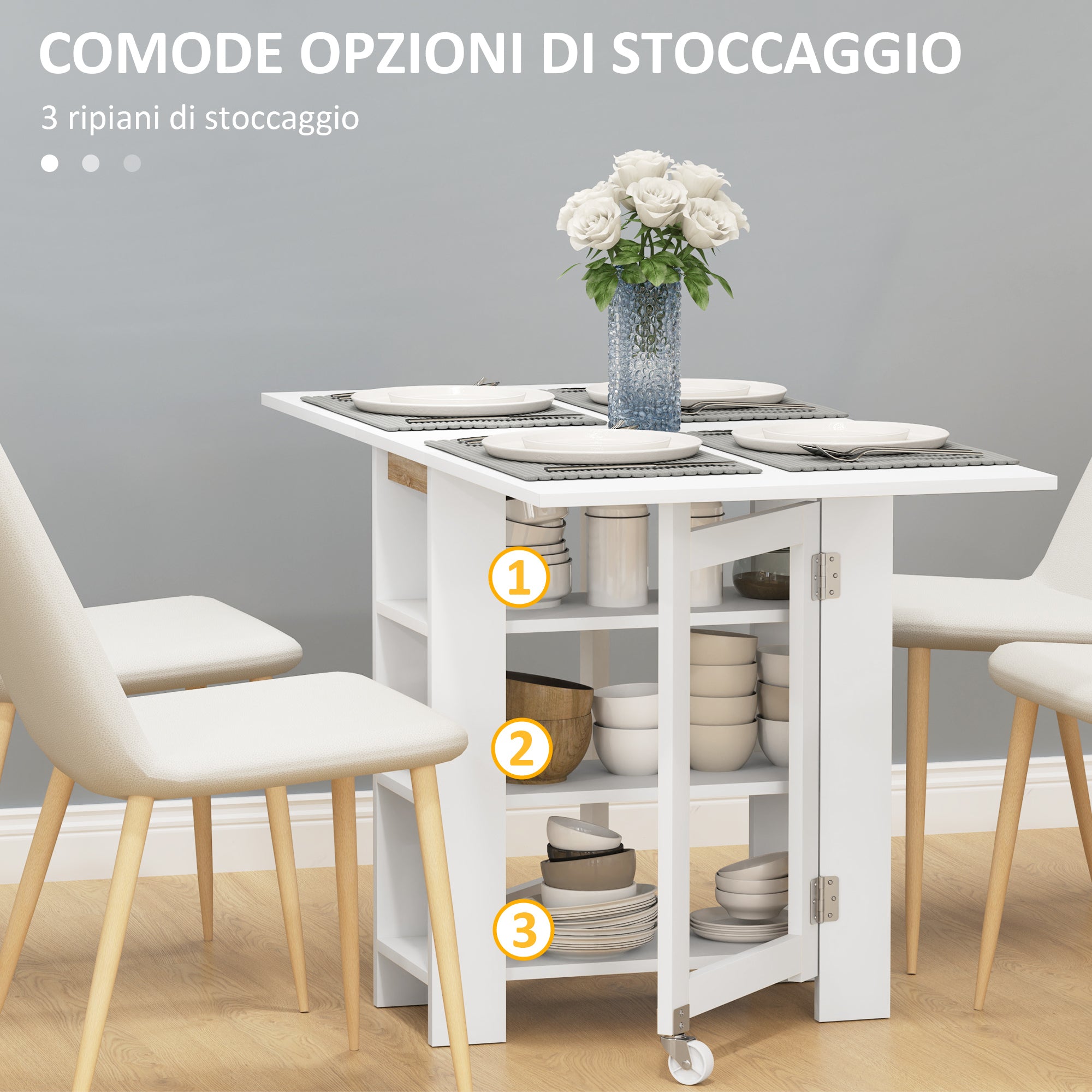 Folding Dining Table with 2 Drop-Leaf Tops and Shelves, Expandable, for 4 People, 120x60x75 cm, White