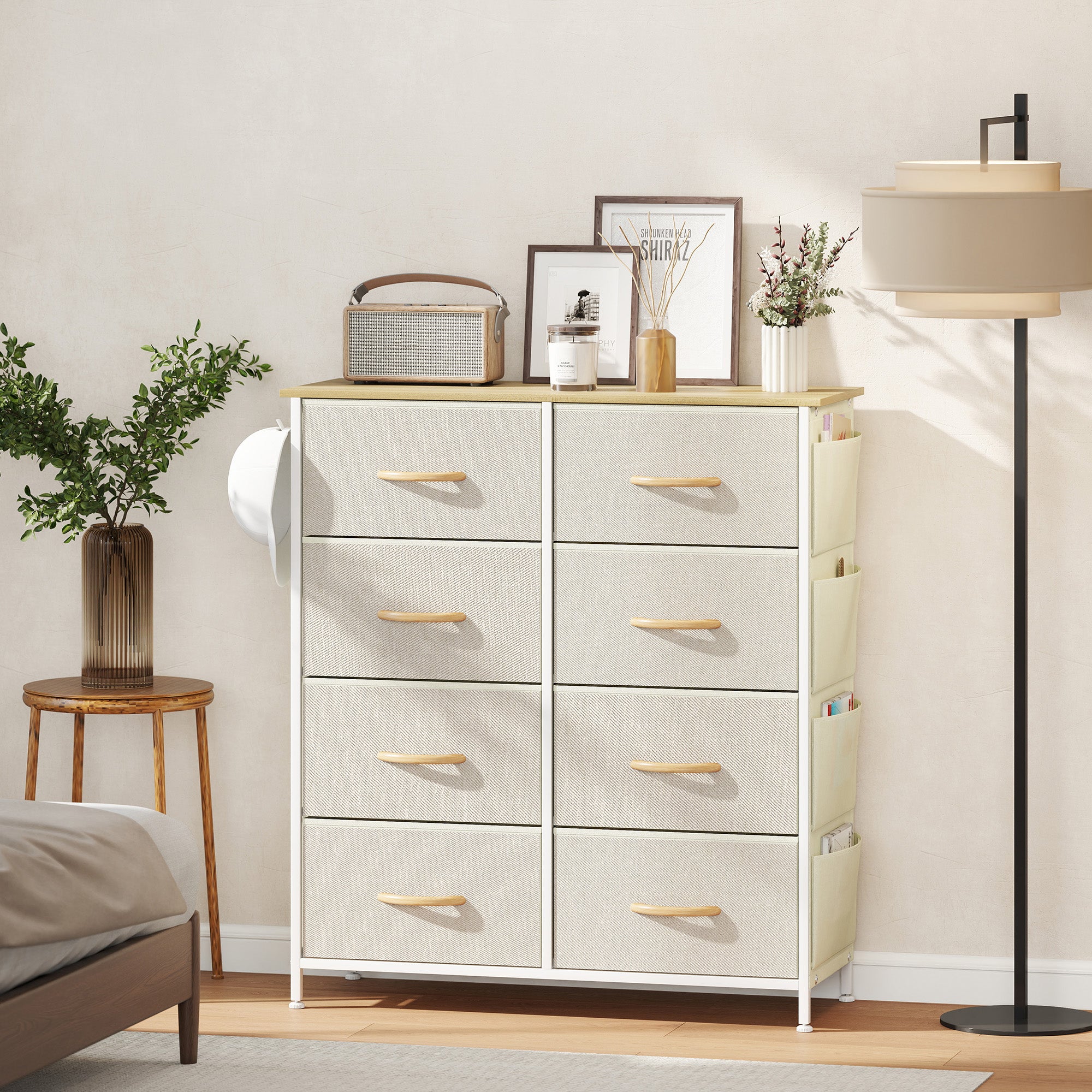 8-Drawer Folding Chest of Drawers with 4 Pockets and 2 Hooks, Made of Wood, Steel and Fabric, 86x30x94.5 cm