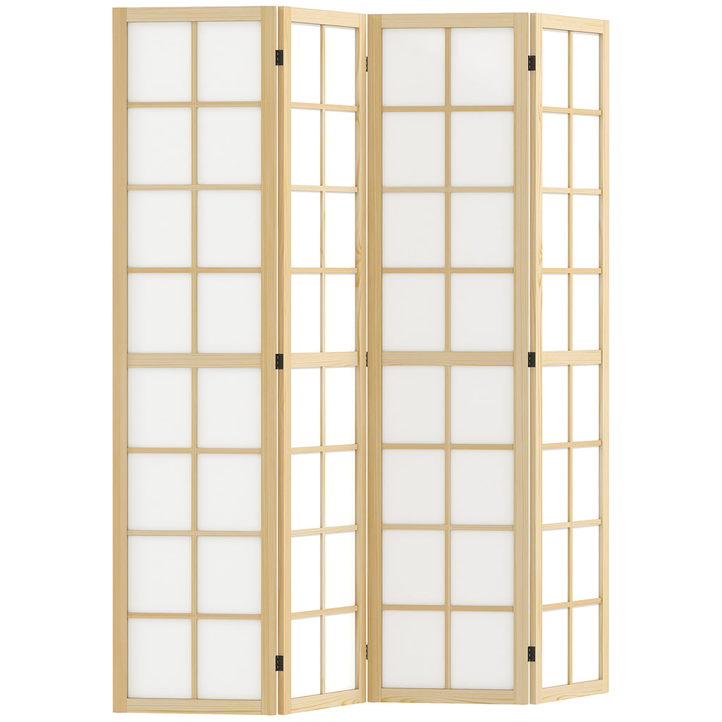 4-Panel Folding Room Divider in Wood and Fabric, 160x170 cm, Wood and White Color