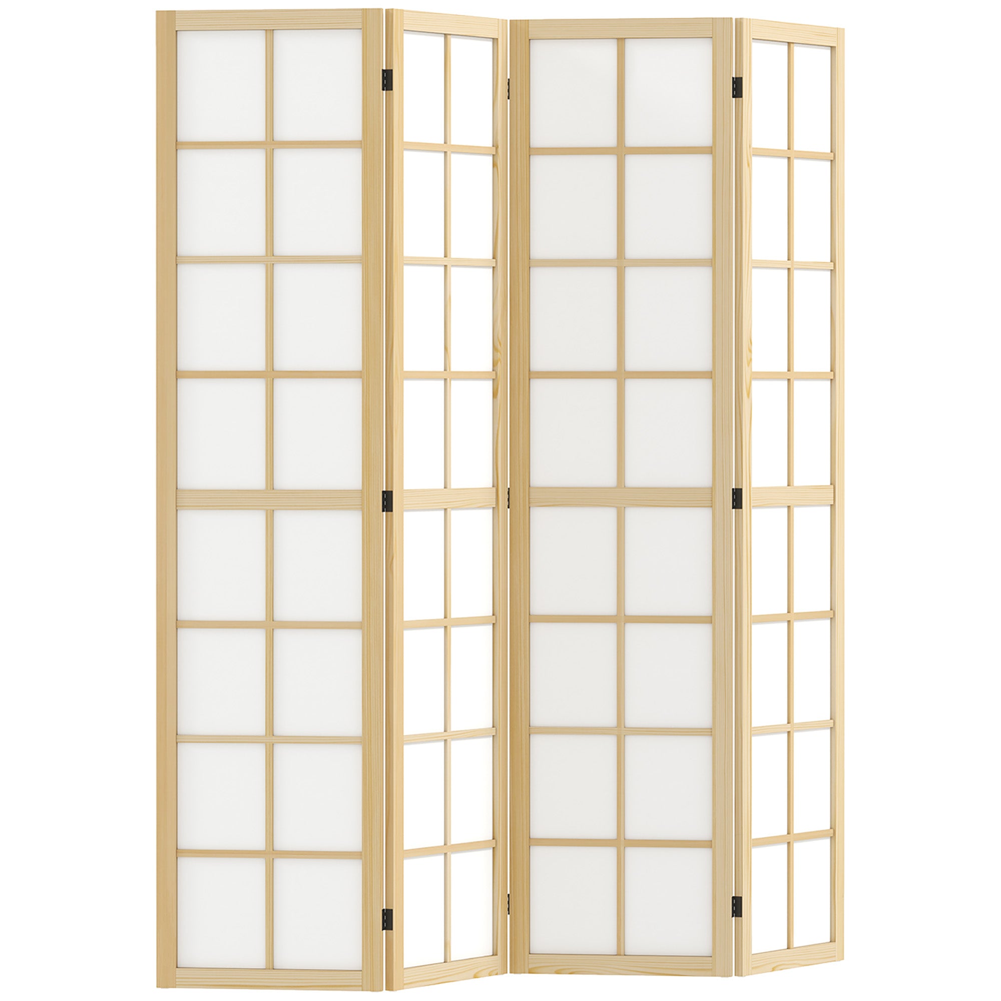 4-Panel Folding Room Divider in Wood and Fabric, 160x170 cm, Wood and White Color