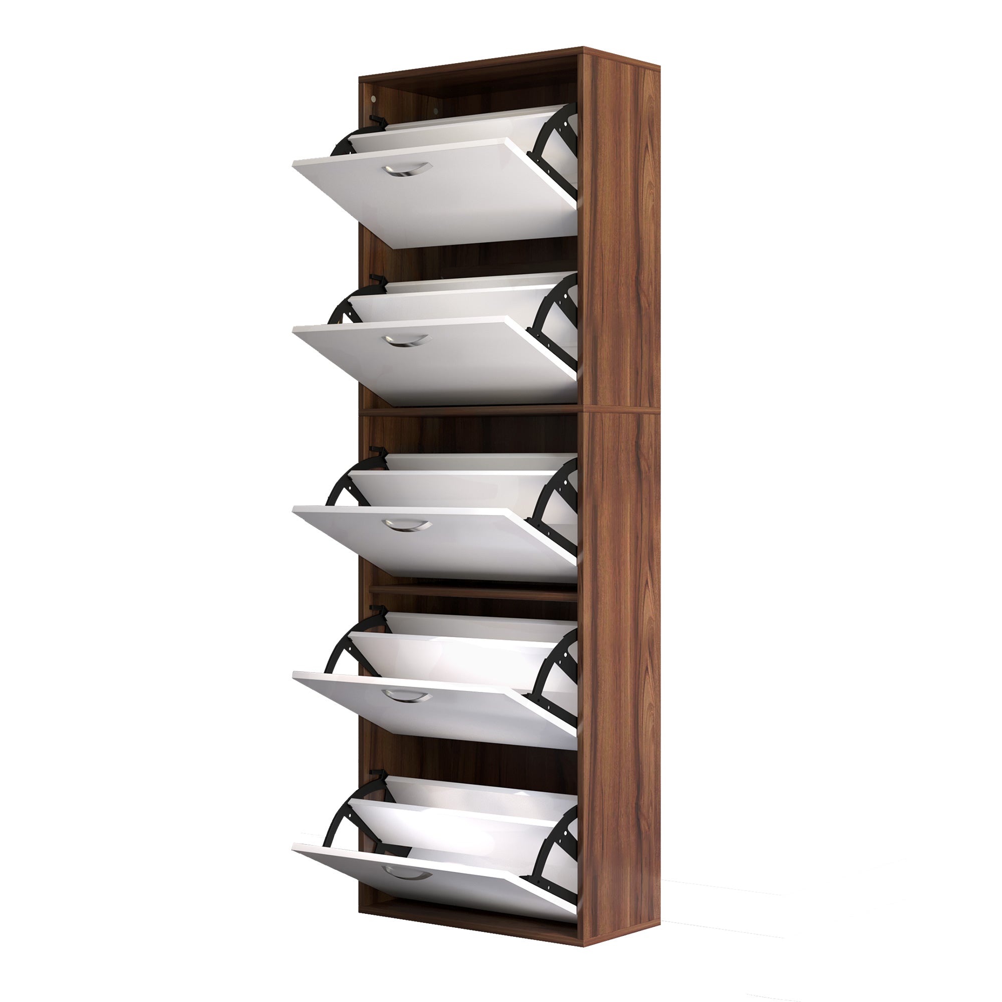 Slim 5-Tier Shoe Rack with 2 Shelves per Level, in MDF, 60x28x189 cm, White and Brown - Borgè