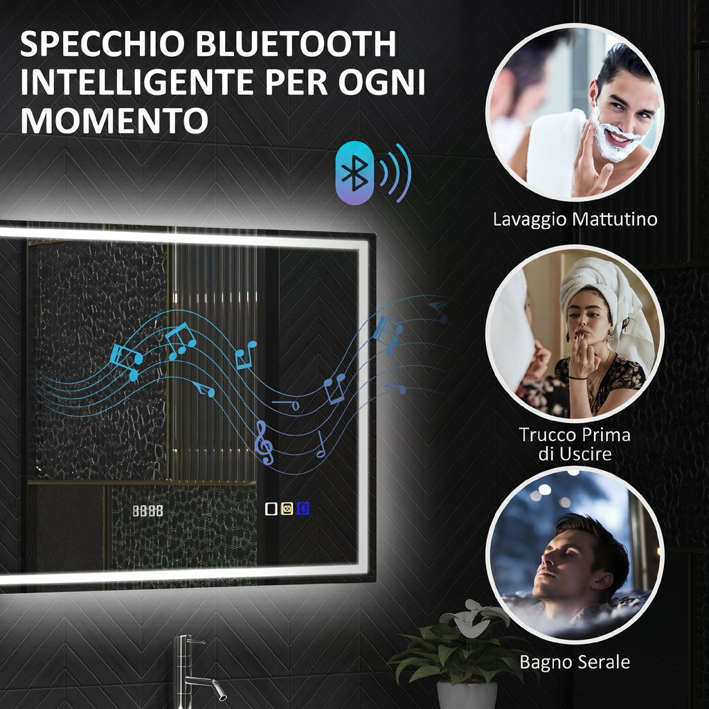 HOMCOM Anti-Fog Bathroom Mirror with Adjustable LED Light, Bluetooth Speaker, Touch Buttons, 80x60 cm