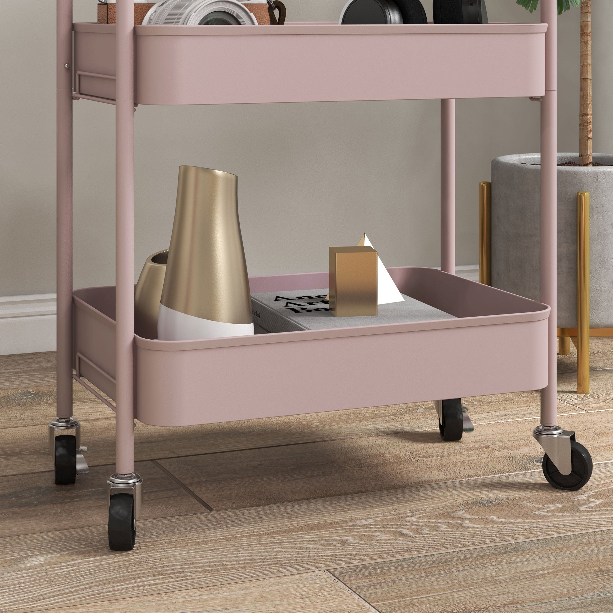 3-Tier Beauty Cart with Handles and 4 Wheels, Steel, 45x30.6x79 cm, Pink