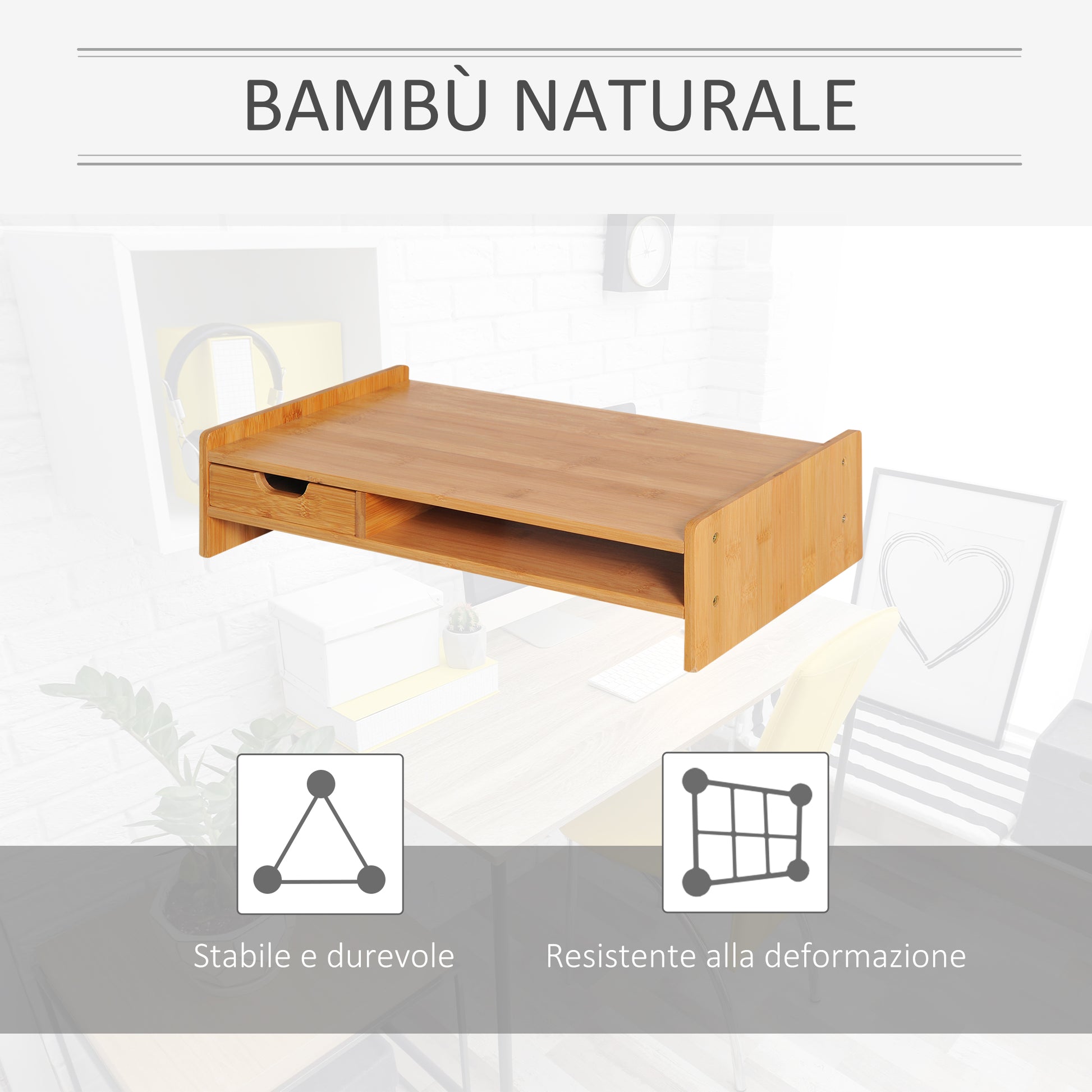 HOMCOM Monitor Stand with Space for Mouse and Keyboard and Shelf with Storage Cube, Bamboo, 49x25.5x11.5 cm - Borgè