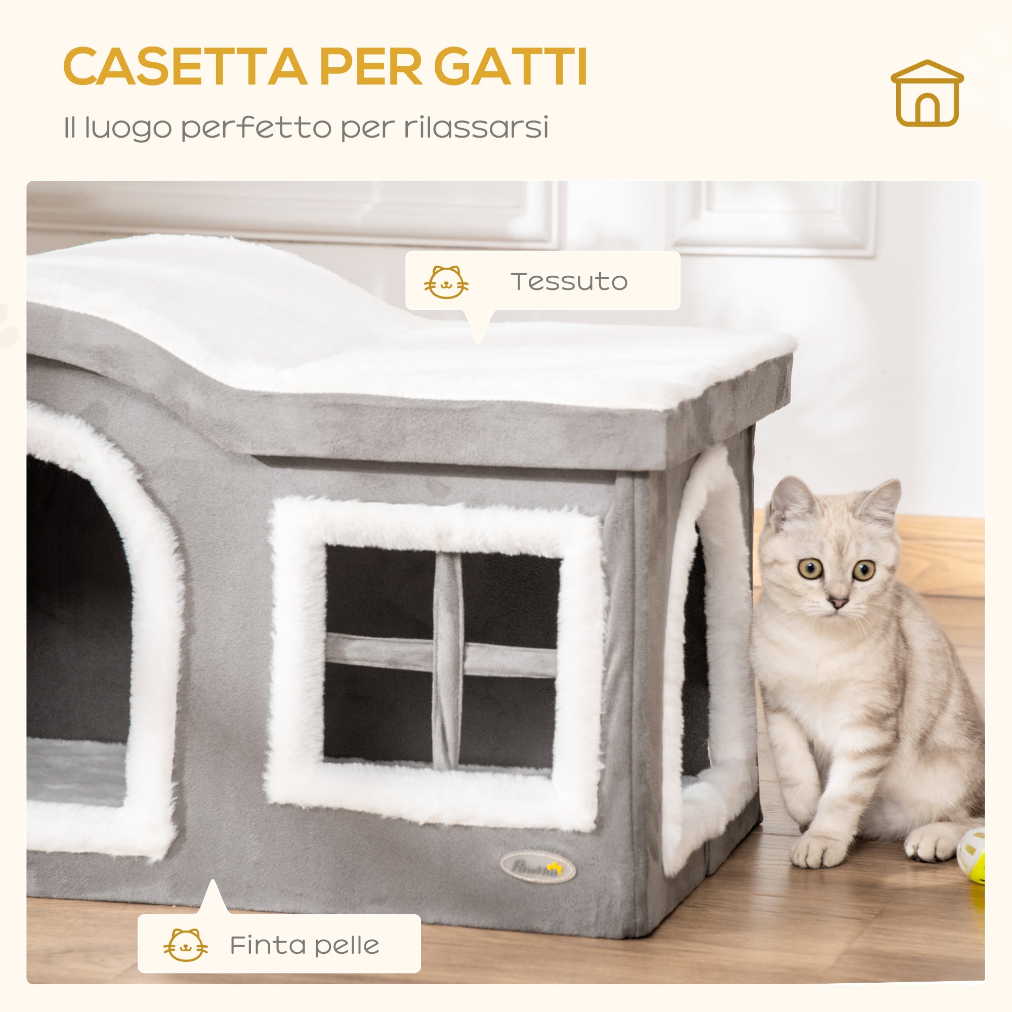 Pawhut Indoor Cat House with 2 Entrances, Window and Non-Slip Base, 63.5x37x40 cm, Grey