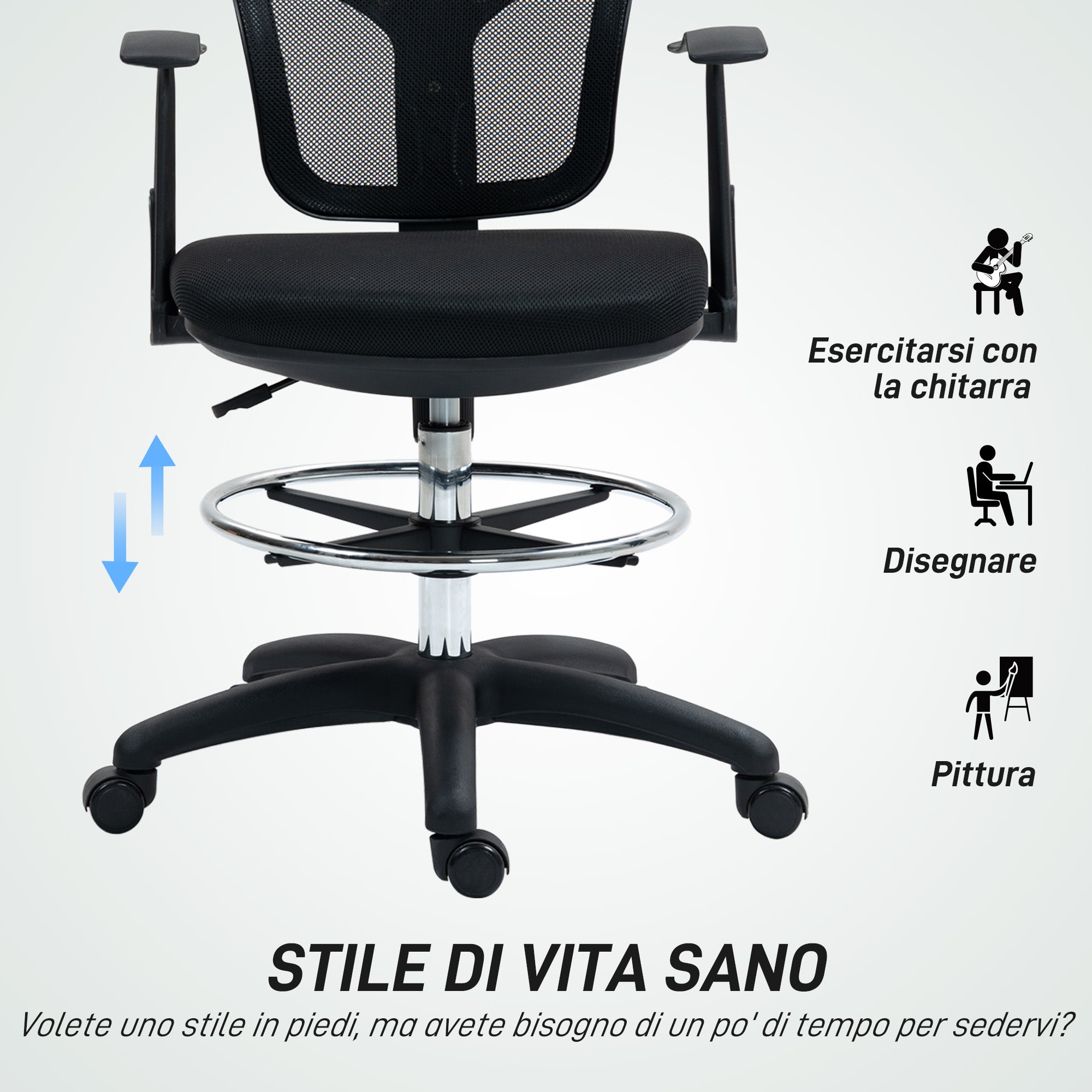 Swivel Chair with Footrest Ring and Curved Backrest, in Polyester, Foam and Plastic, 55x58x94 cm, Black