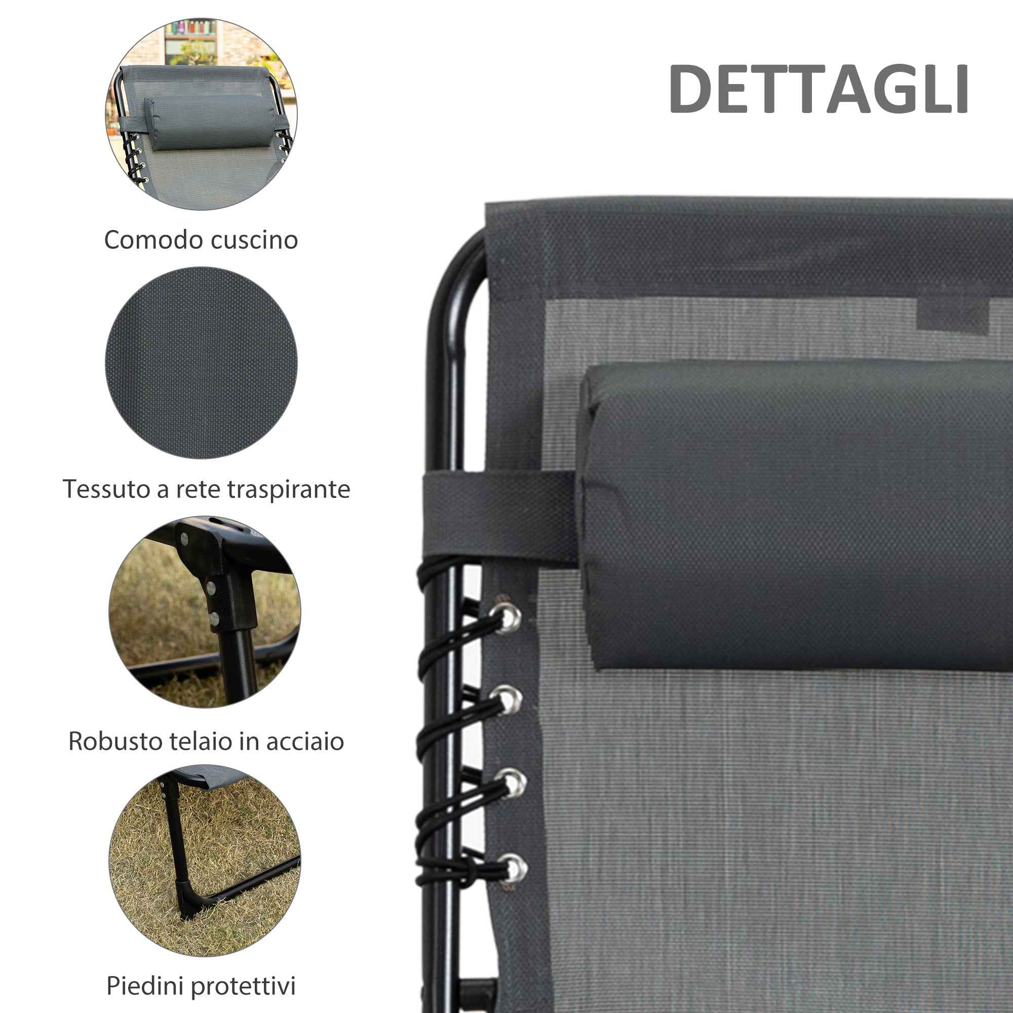 Outsunny Folding Garden Lounger with 5-Position Reclining Backrest and Cushion, 185x58x30cm, Grey