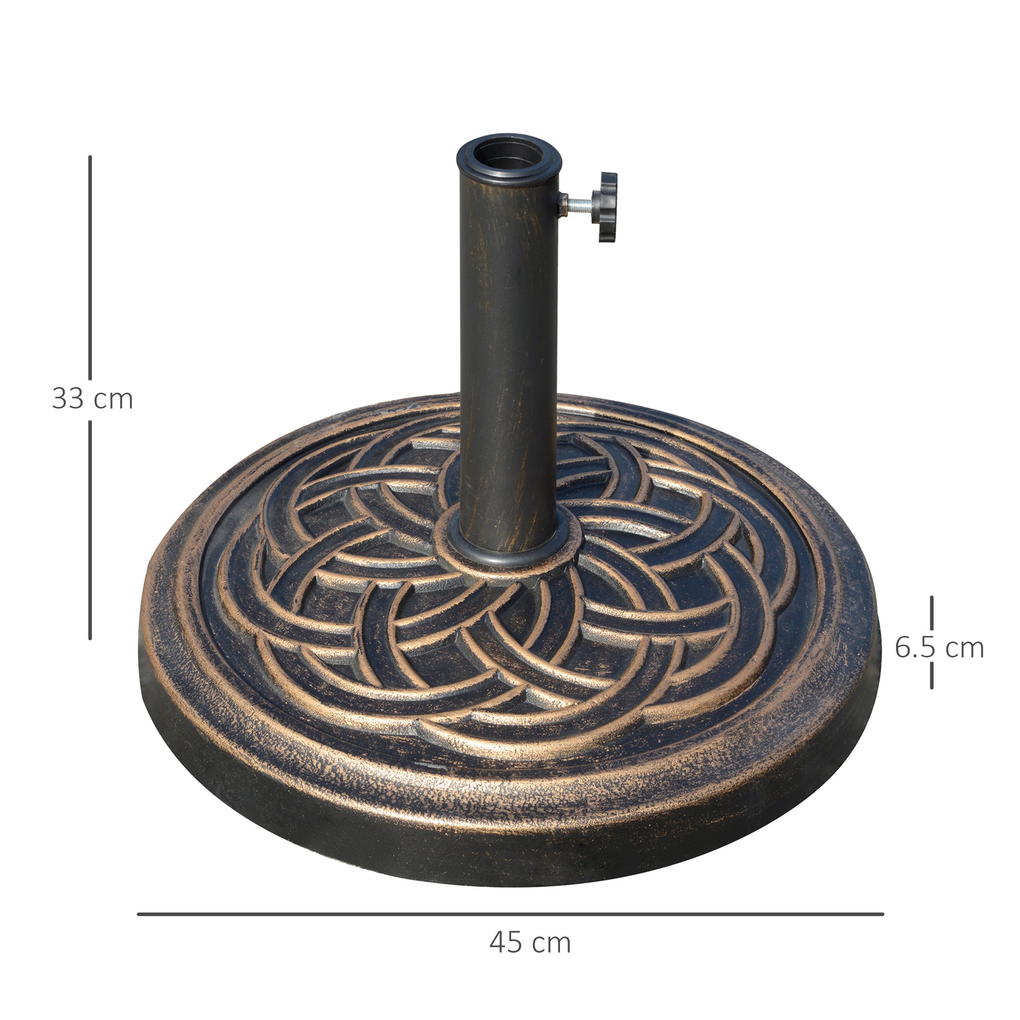 12kg Round Resin Umbrella Base with Decoration, for 38mm and 48mm Poles, Φ45x33cm, Bronze