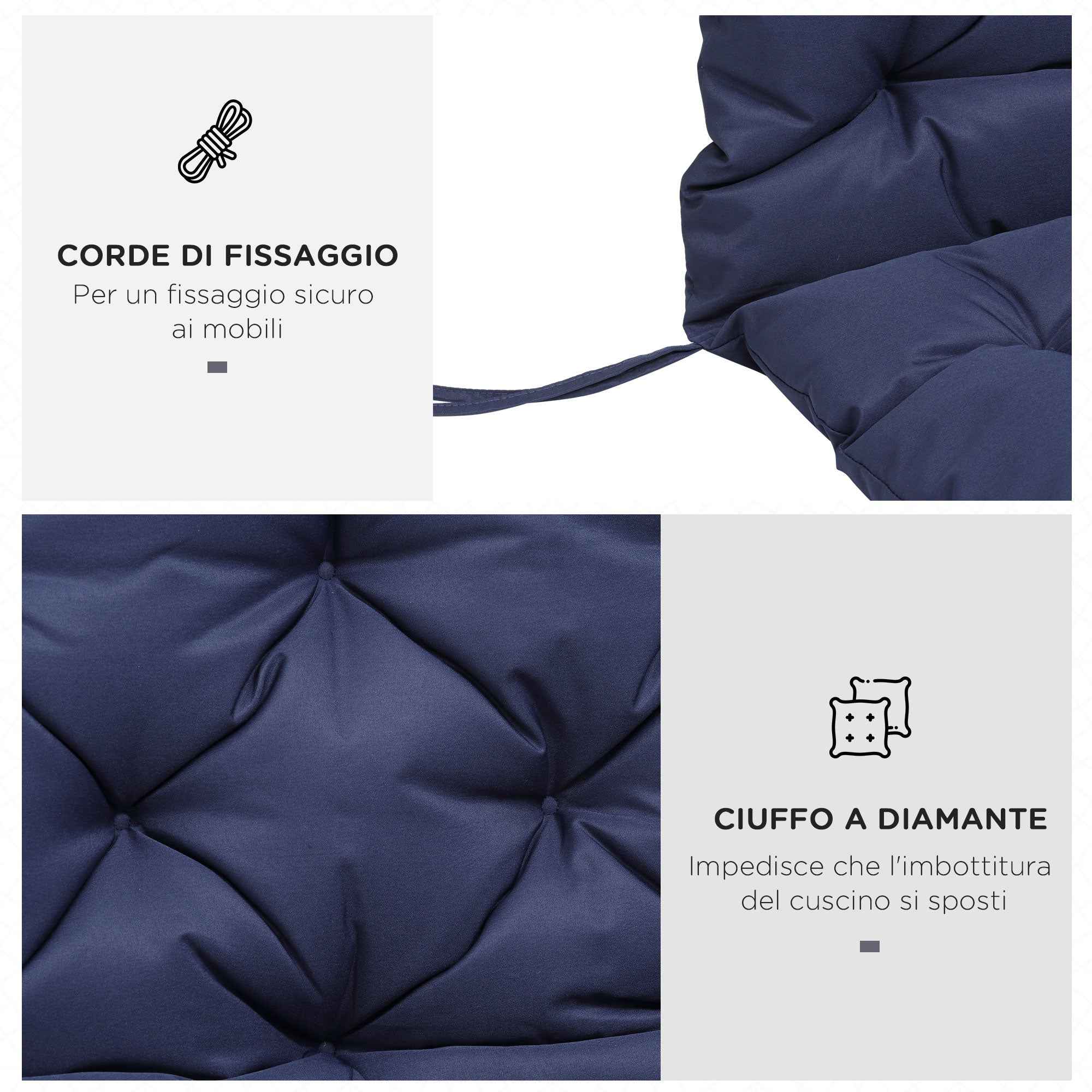 Outsunny Capitonné Style Garden Cushion with 6 Ties, in Cotton and Polyester, 150x98x8 cm, Dark Blue