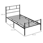Single Steel Bed Frame 90x200cm with Slats, Headboard and Footboard, Black - Borgè