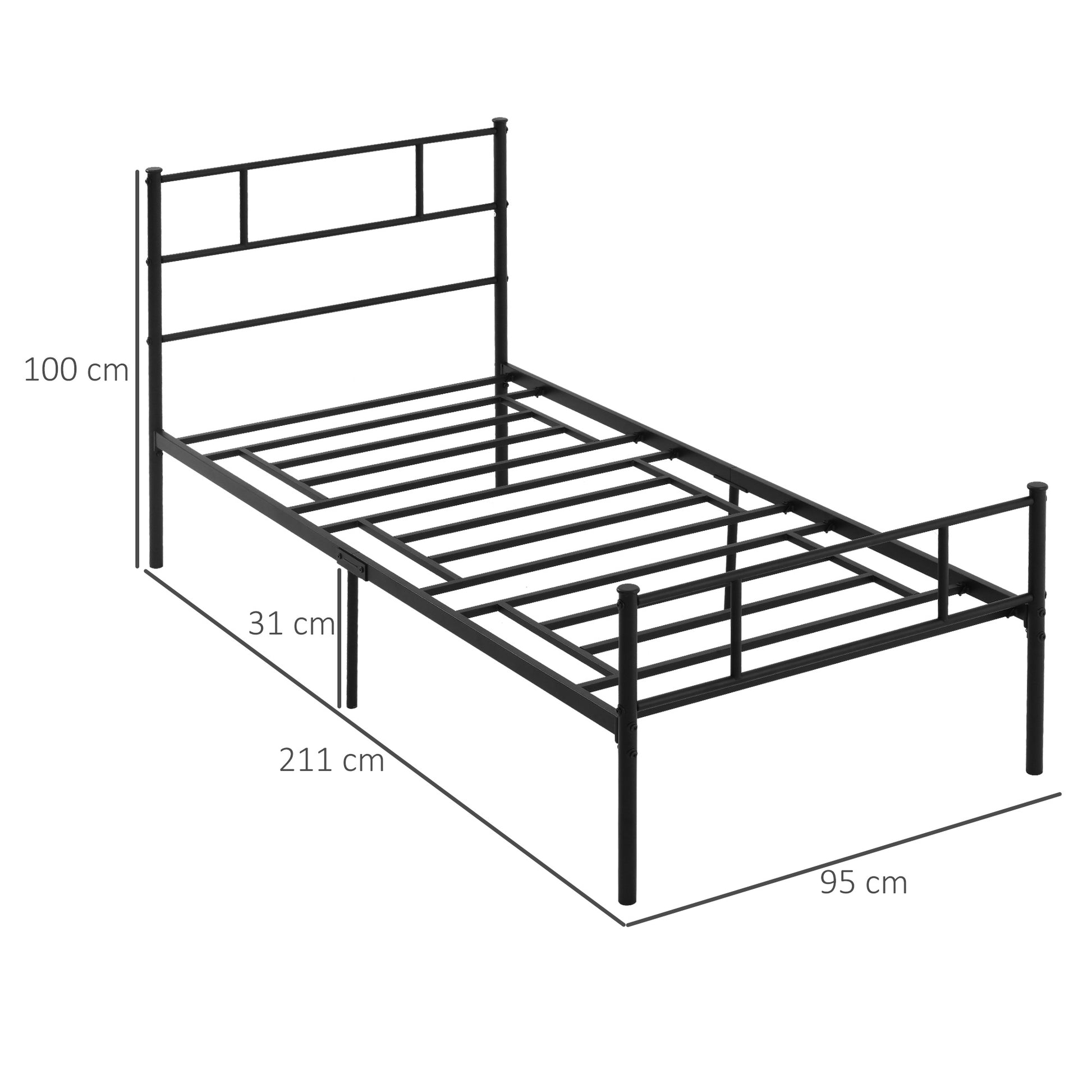 Single Steel Bed Frame 90x200cm with Slats, Headboard and Footboard, Black - Borgè