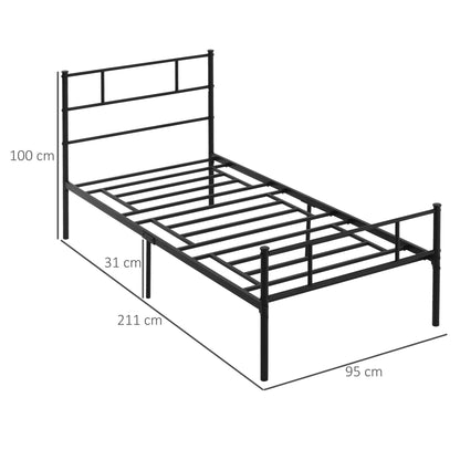 Single Steel Bed Frame 90x200cm with Slats, Headboard and Footboard, Black - Borgè