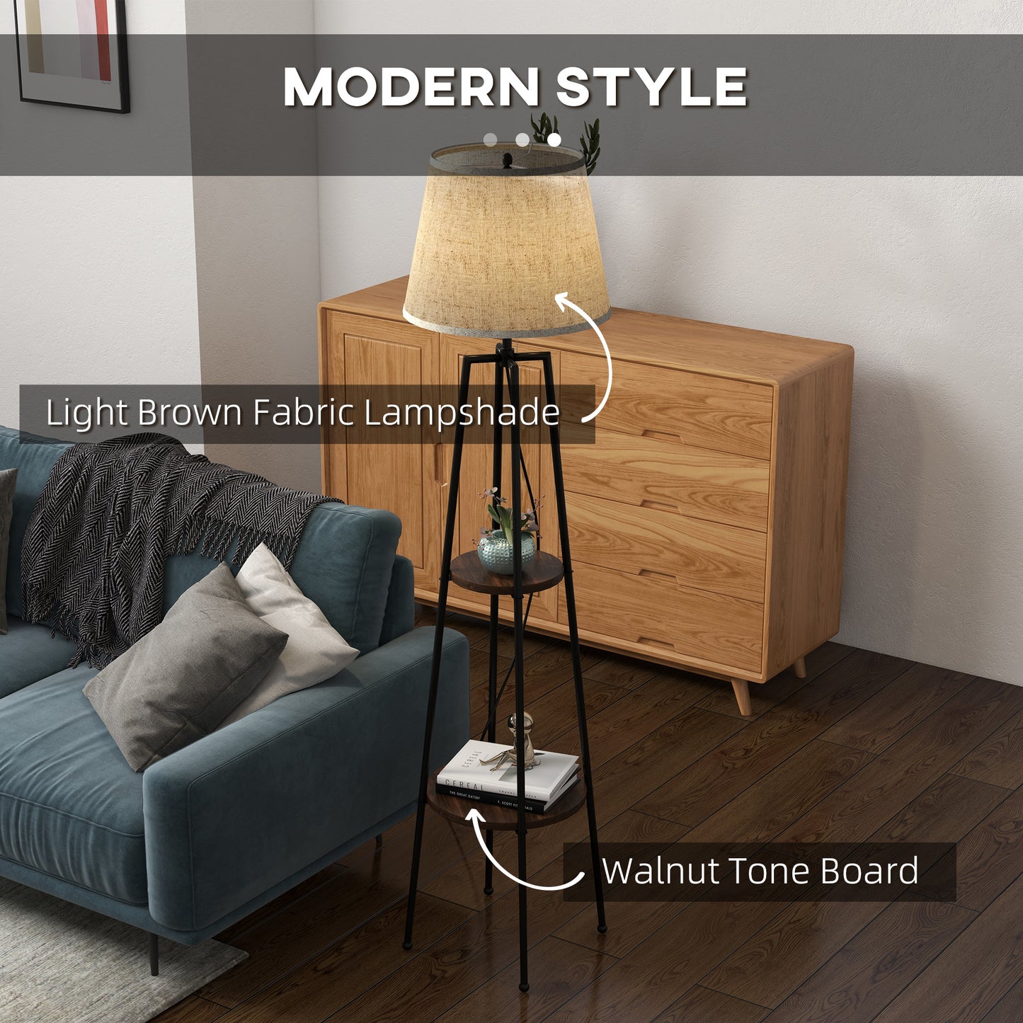 Floor Lamp with 2 Shelves in Metal and MDF with Fabric Lampshade, Ø42x166 cm, Black and Brown