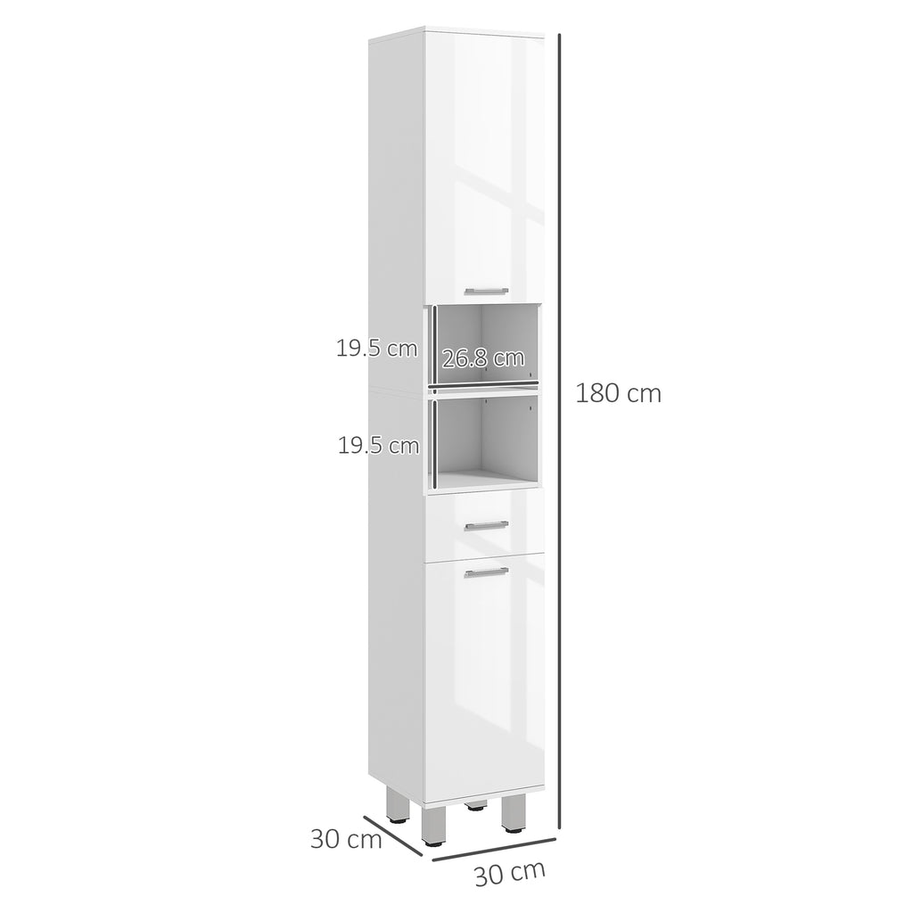kleankin Bathroom Column with Drawer, 2 Open Shelves and 2 Double-Tier Cabinets, Made of Wood, 30x30x180 cm, Gloss White