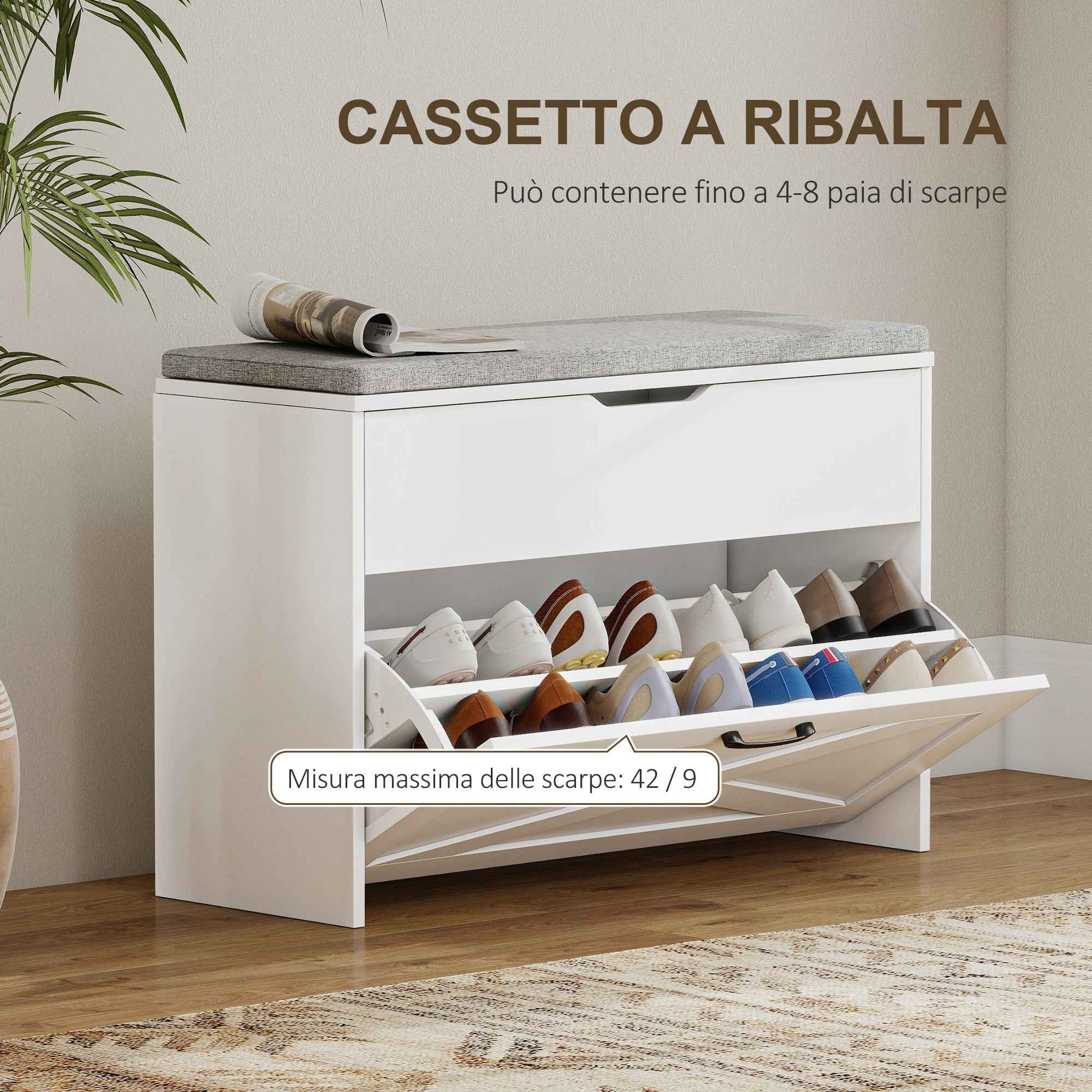 HOMCOM Shoe Bench with Folding Drawer and Storage, Capacity for 8 Pairs of Shoes, 80x30x55 cm, White