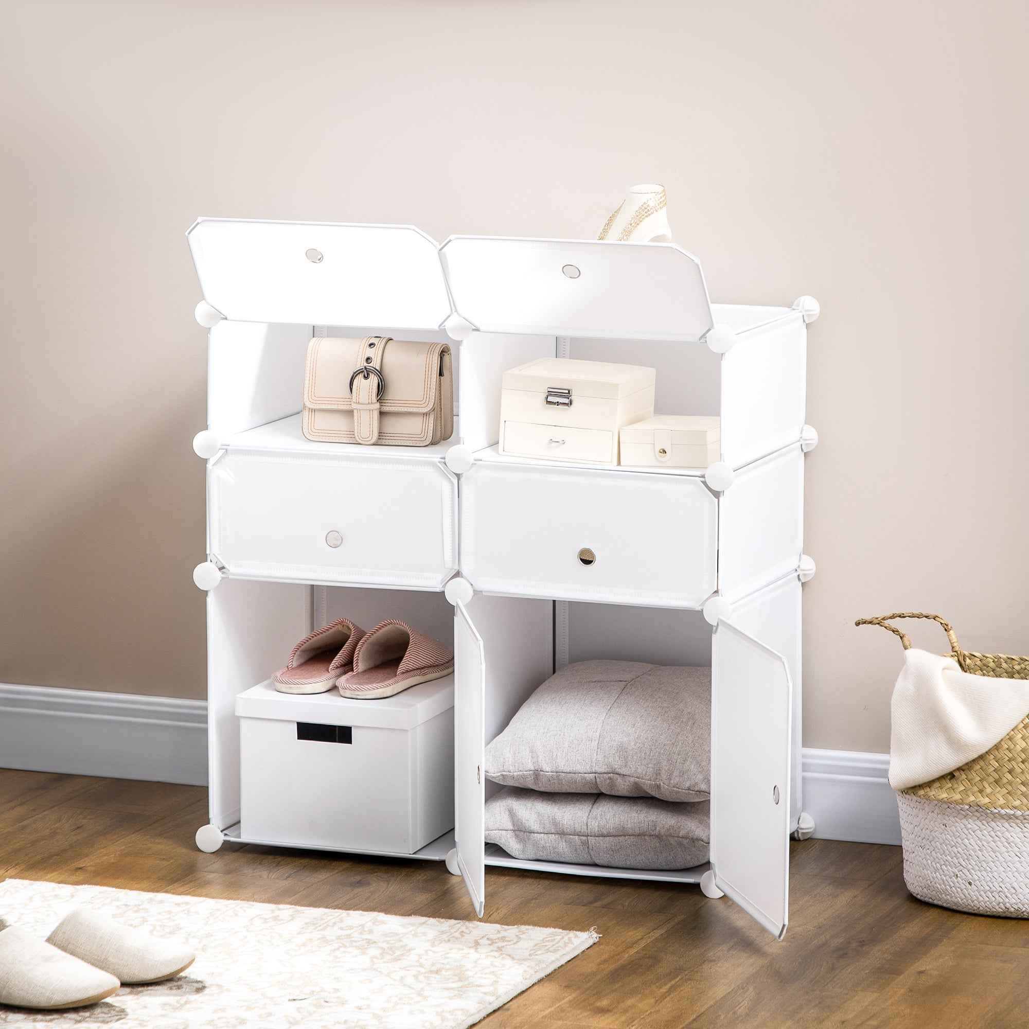 HOMCOM Space-Saving Shoe Cabinet, Plastic Entryway Shoe Rack, Modular Wardrobe for Living Room and Entryways, Shoe Rack, Multipurpose 75x37x73cm, White