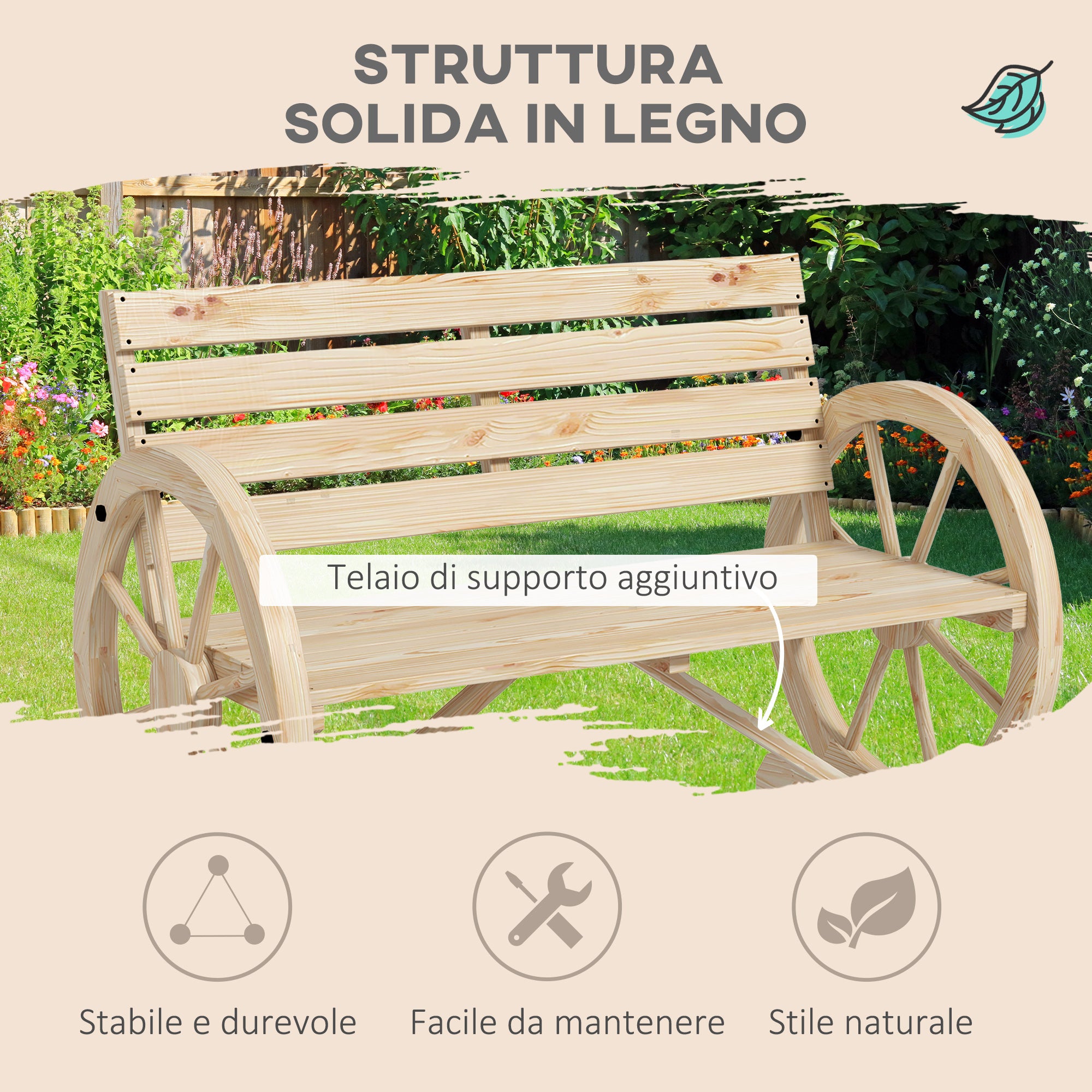 Outsunny 2-Seater Garden Bench with Slatted Frame and Wagon Wheel Armrests, Wooden, 105.5x56x79 cm, Wood Color