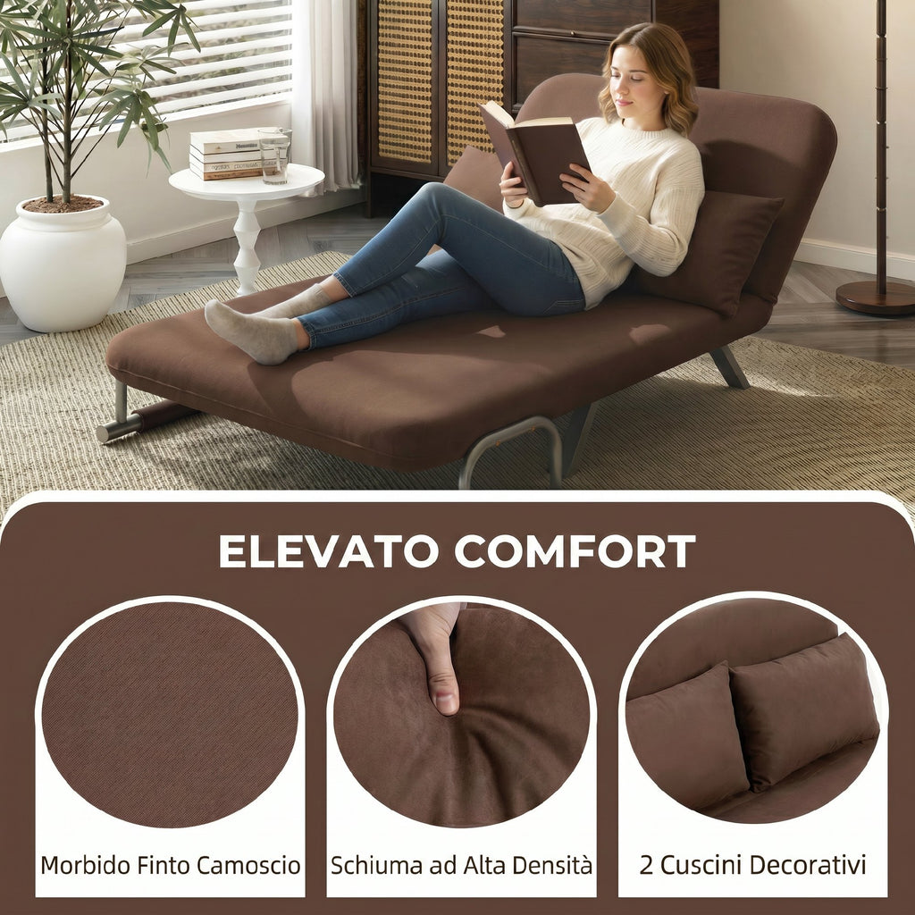 HOMCOM 2-Seater Faux Suede Sofa Bed with Adjustable Backrest and 2 Cushions, 111x80x78 cm, Brown