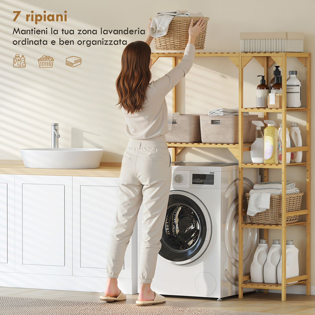 HOMCOM 7-Tier Bamboo Washing Machine Cabinet with Adjustable Storage, 100x40x157 cm, Wood Color