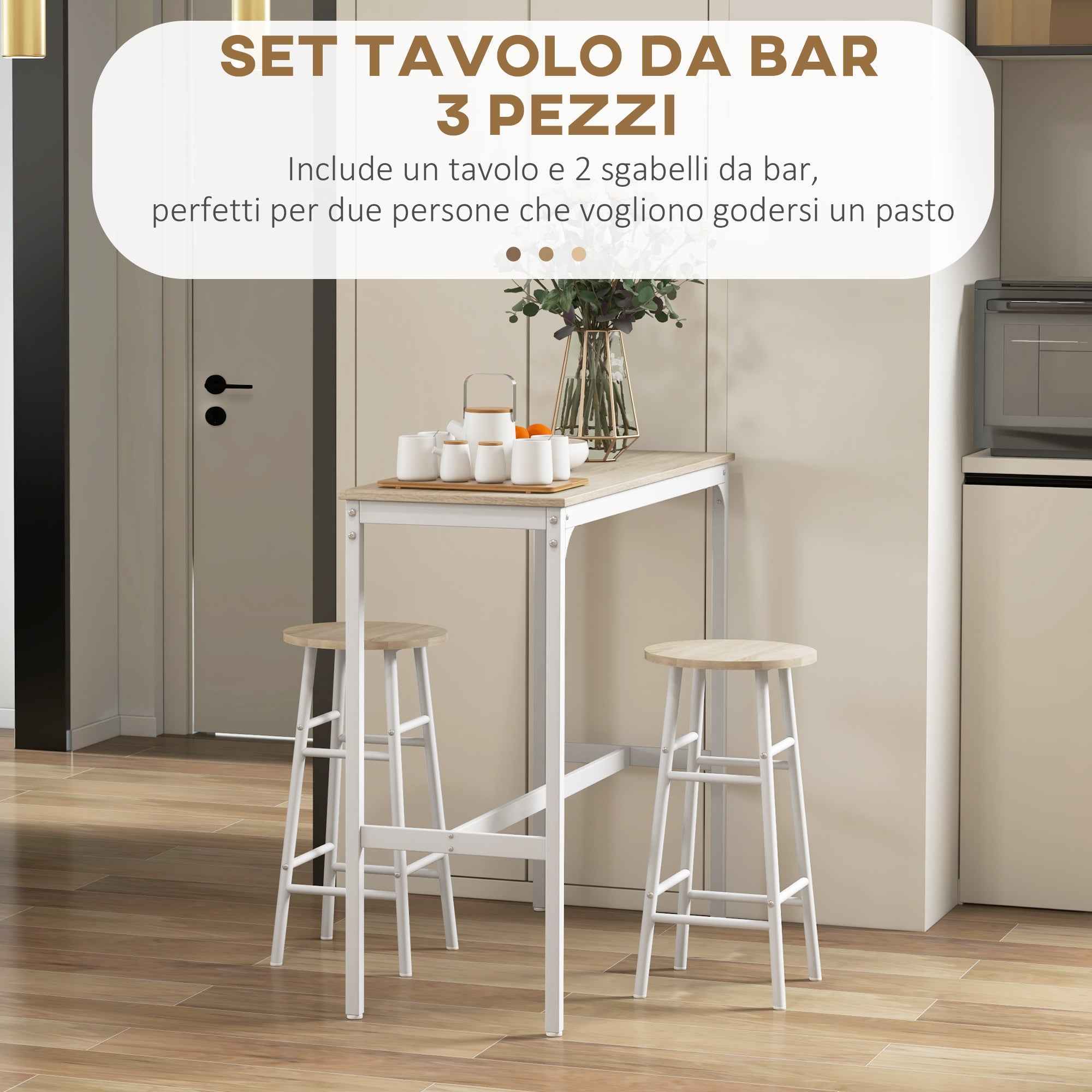 HOMCOM Industrial Style High Table and 2 Bar Stools with Footrest, White and Oak