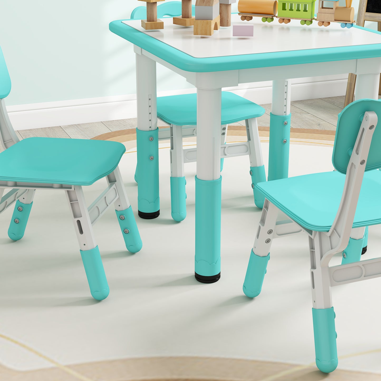 Children's Table and Chair Set 5pcs with 4 Adjustable Chairs 32x36x52.5-56 cm and Table 60x60x46-58 cm, Green