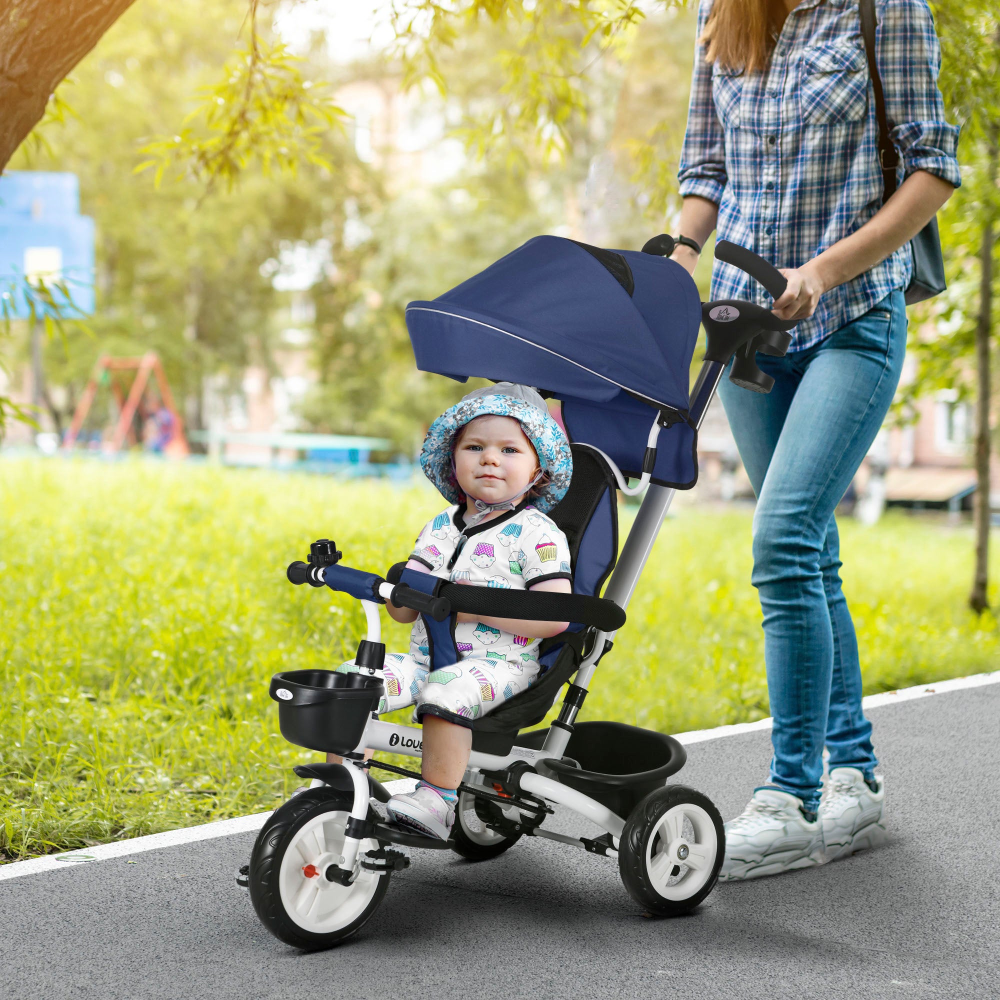 Tricycle Stroller for Children with Handlebar, Adjustable Sunshade and Safety Belt, Dark Blue - Borgè