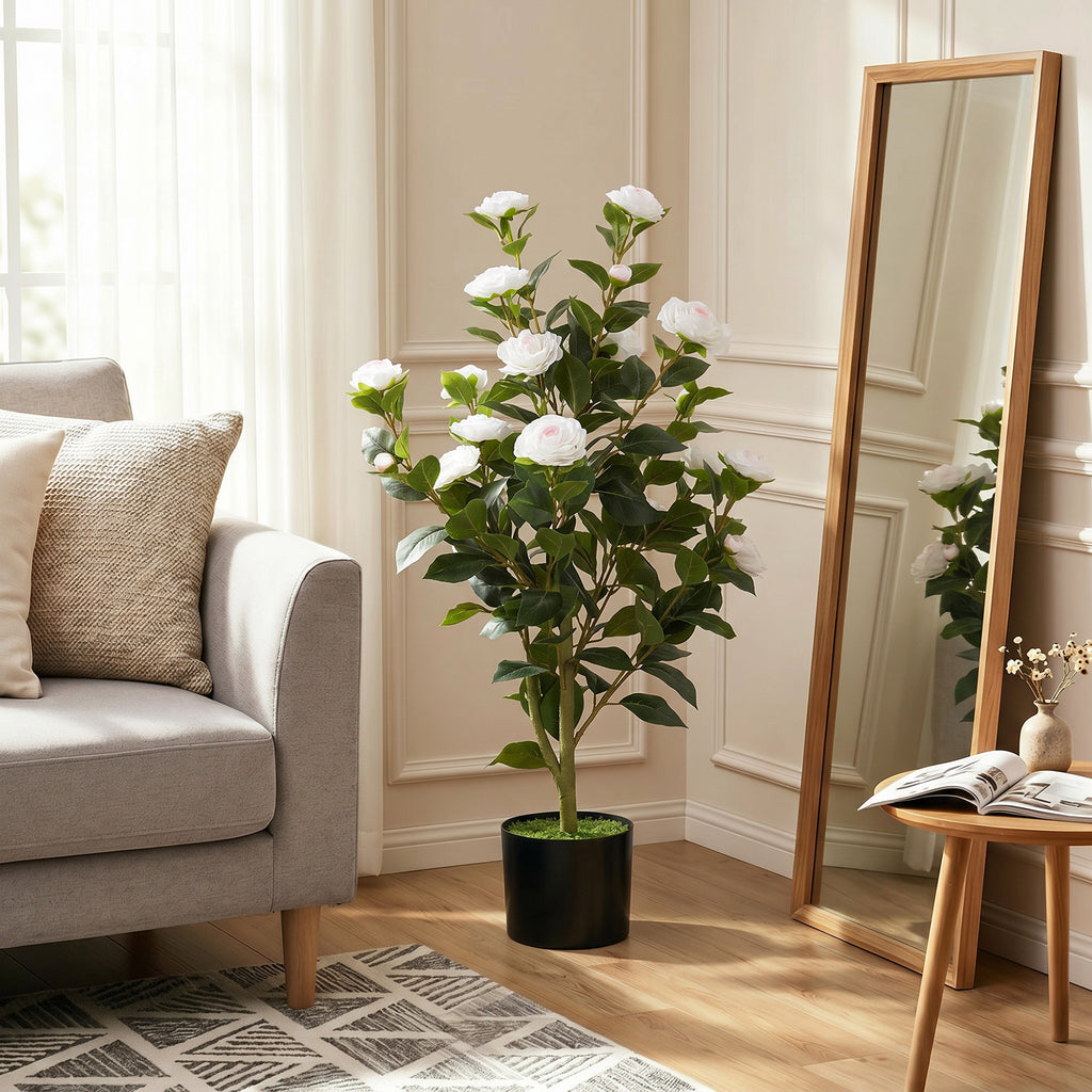 HOMCOM Artificial Camellia Plant with Realistic Flowers, 176 PEVA Leaves and Black Cement-Filled PP Pot, White