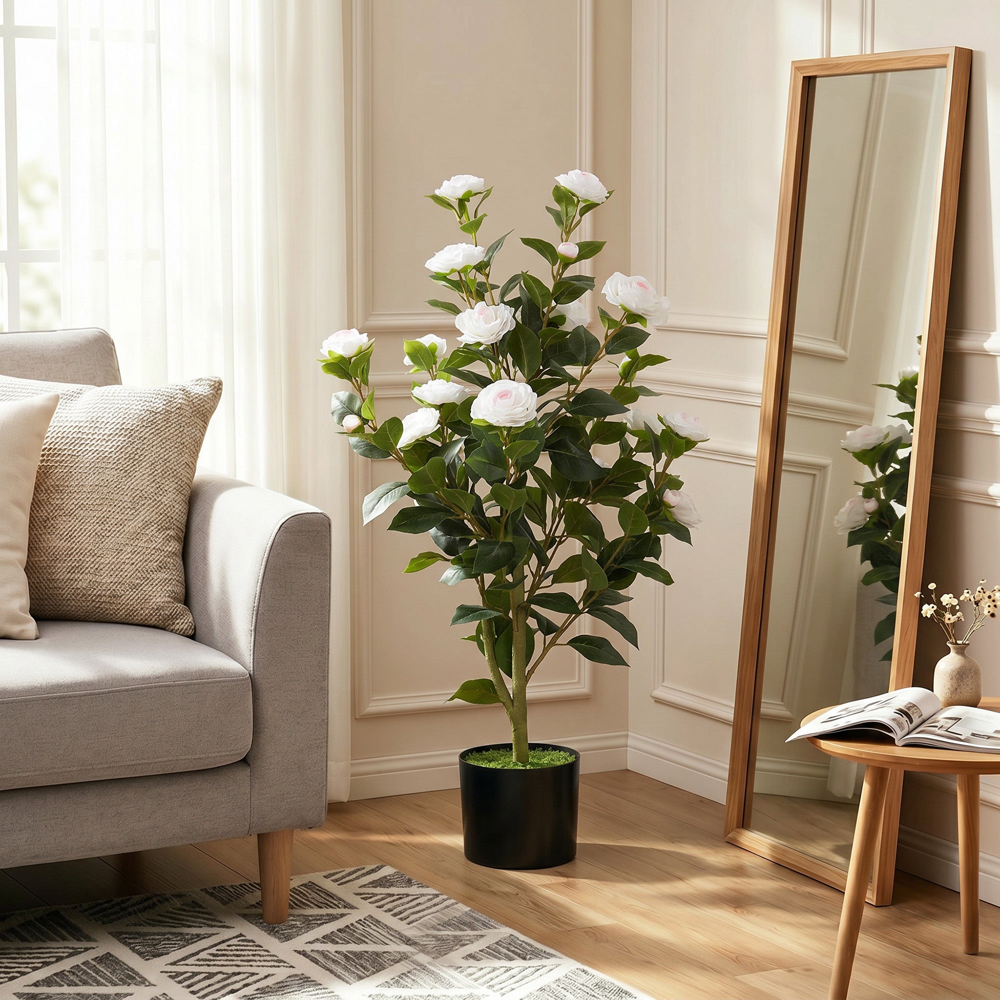 HOMCOM Artificial Camellia Plant with Realistic Flowers, 176 PEVA Leaves and Black Cement-Filled PP Pot, White