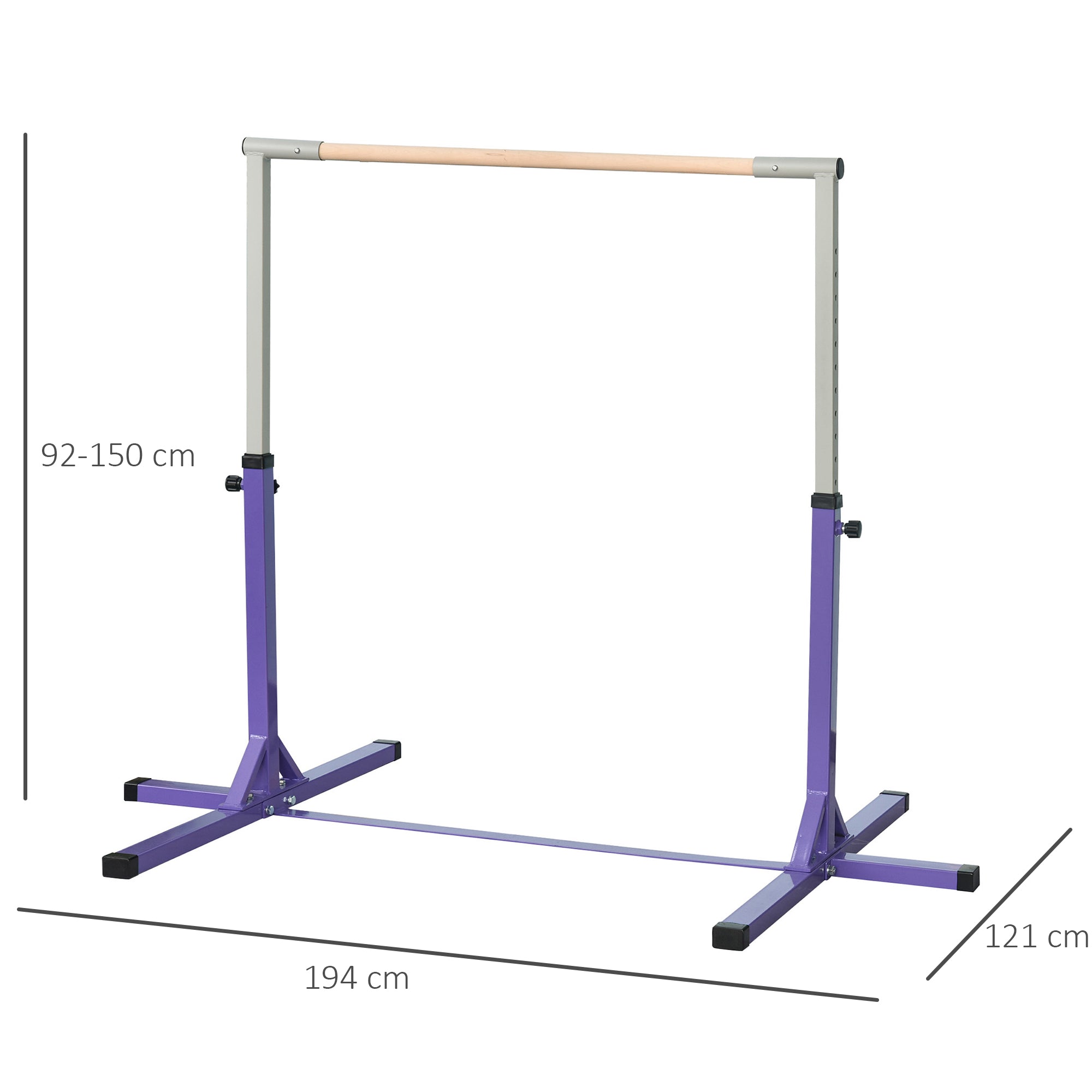 HOMCOM Height-Adjustable Gymnastics Bar for Children Ages 3+, Made of Steel and Solid Beech Wood, Purple