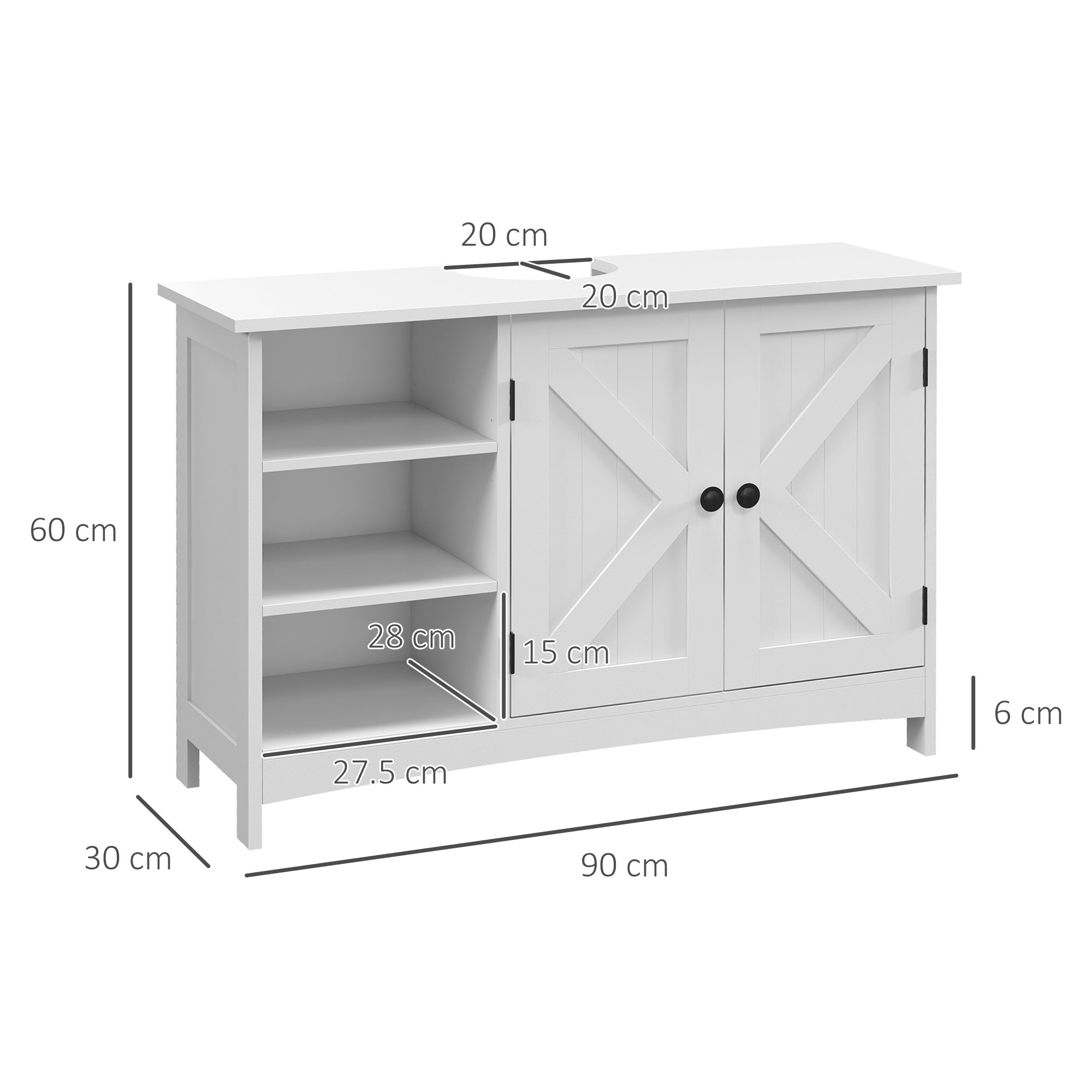 Kleankin Mobile under Bathroom Washa with 2 doors and 3 Open Wooden Conditions, 90x30x60cm, White - Borgè