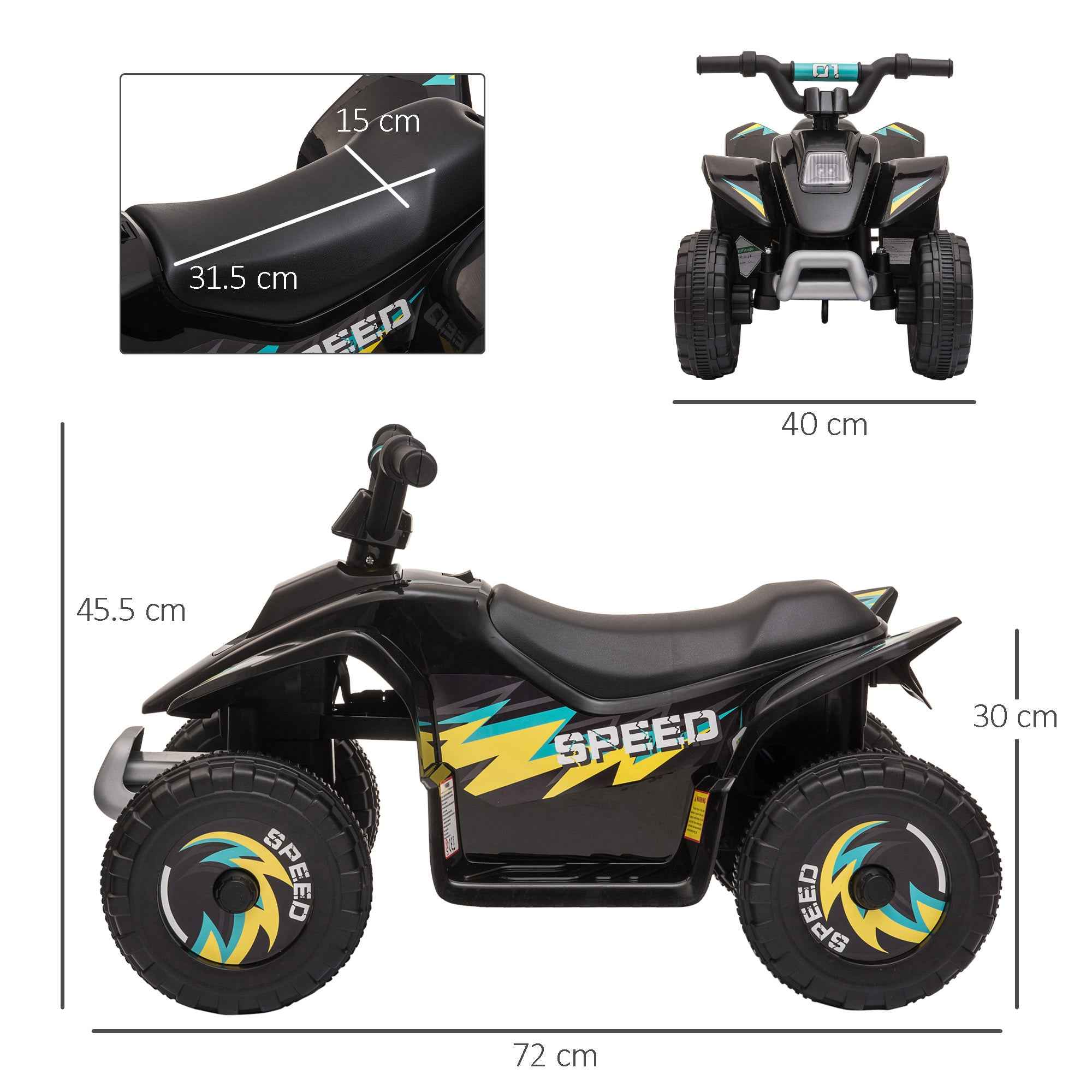 Electric Quad Bike for Children 18-36 Months with 6V Rechargeable Battery, 72x40x45.5 cm, Black