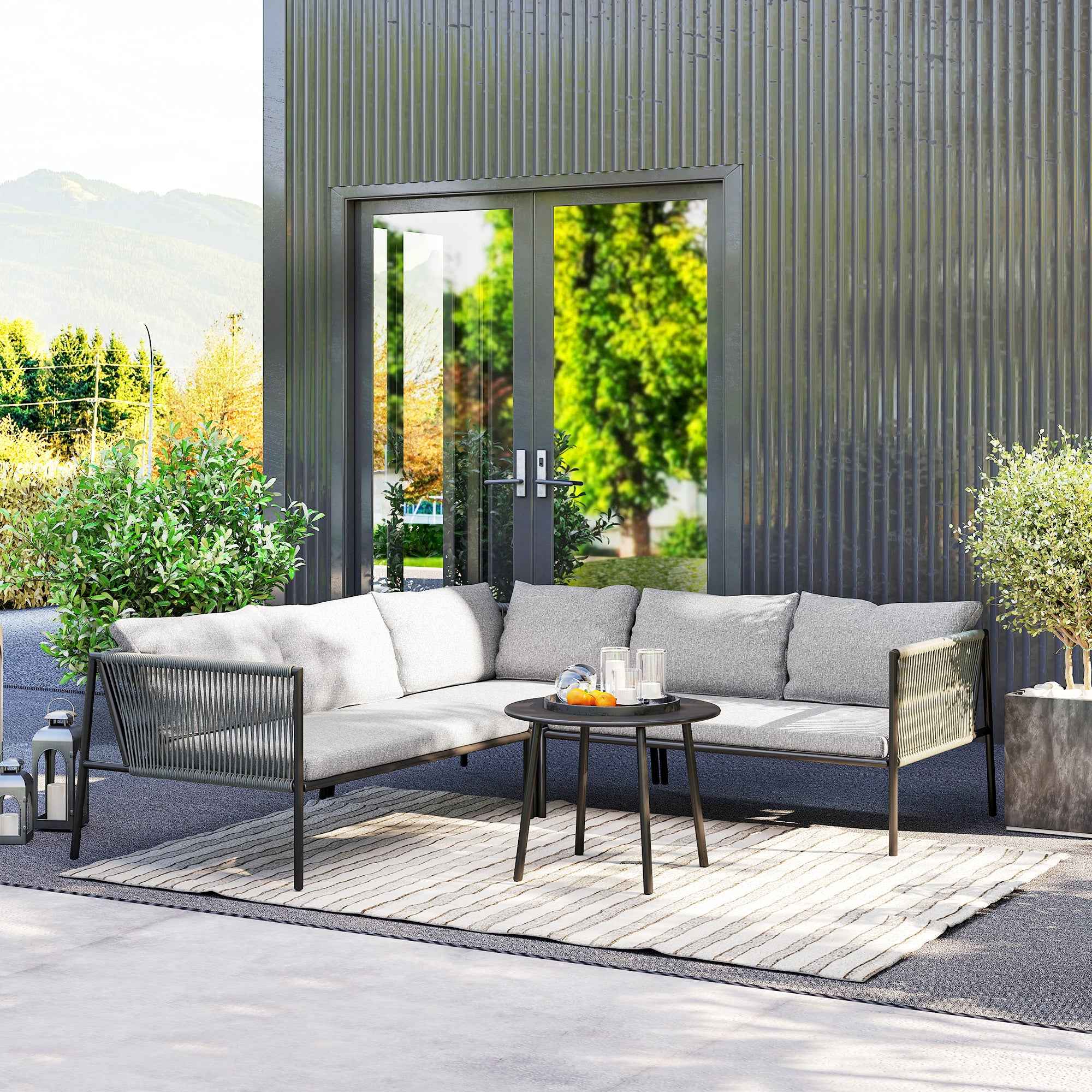 Outsunny Rattan Garden Lounge Set with Modular Corner Sofa, Coffee Table, and Cushions, Grey