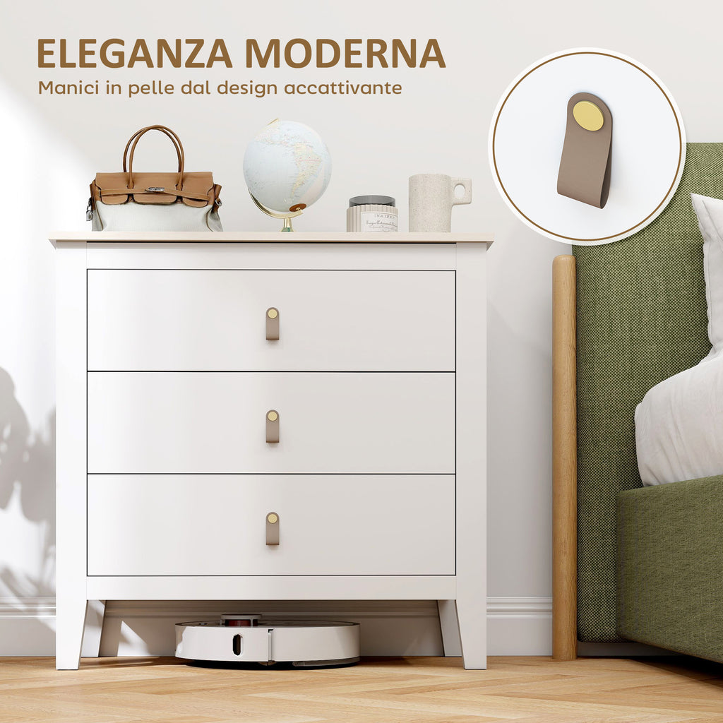 3-Drawer Bedroom Chest with Faux Leather Handles, 80x40x78.5 cm, White