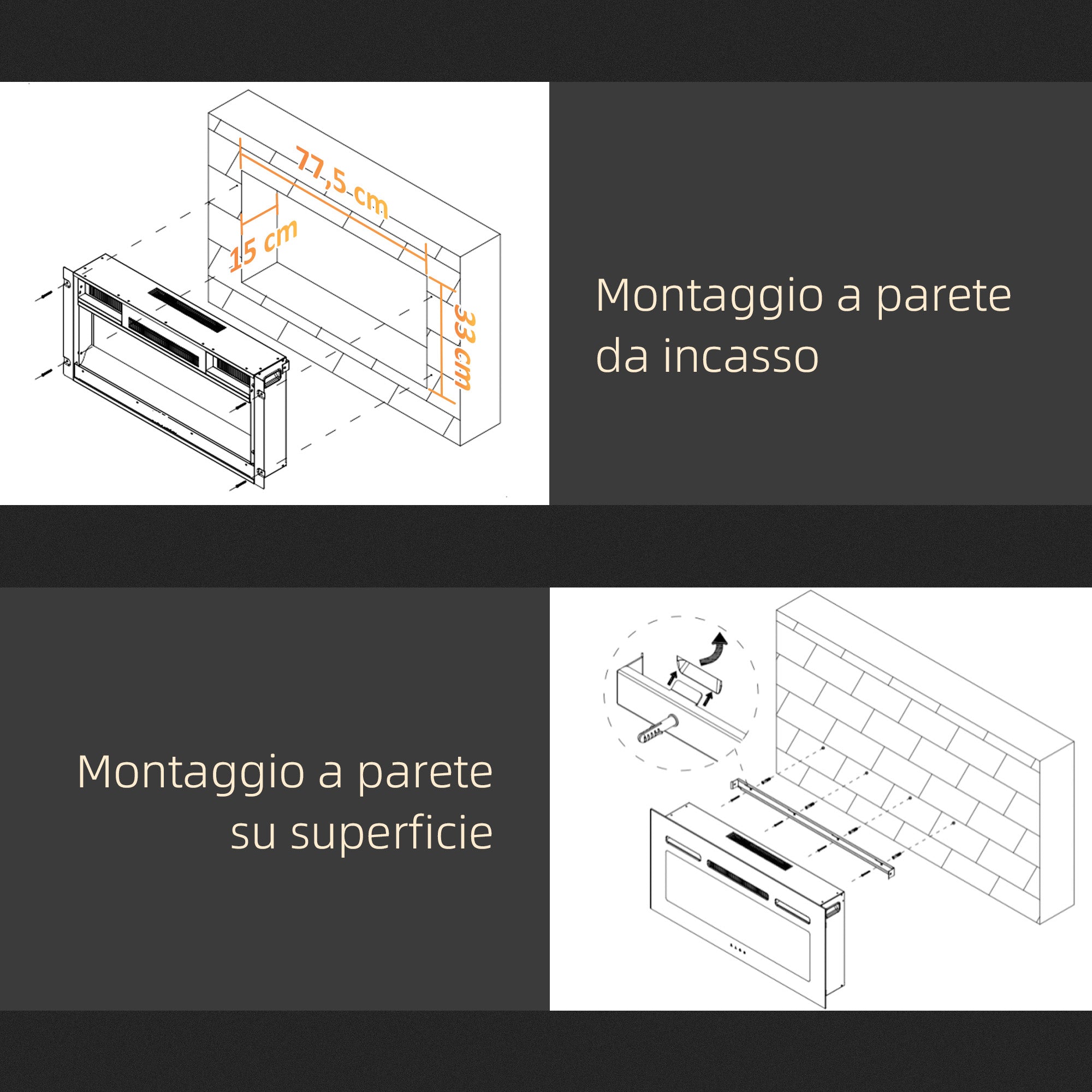 Built-in Bioethanol Fireplace in Stainless Steel, 2 x 0.85L Burners for 3 Hours of Burning, 90x15x40cm, Black