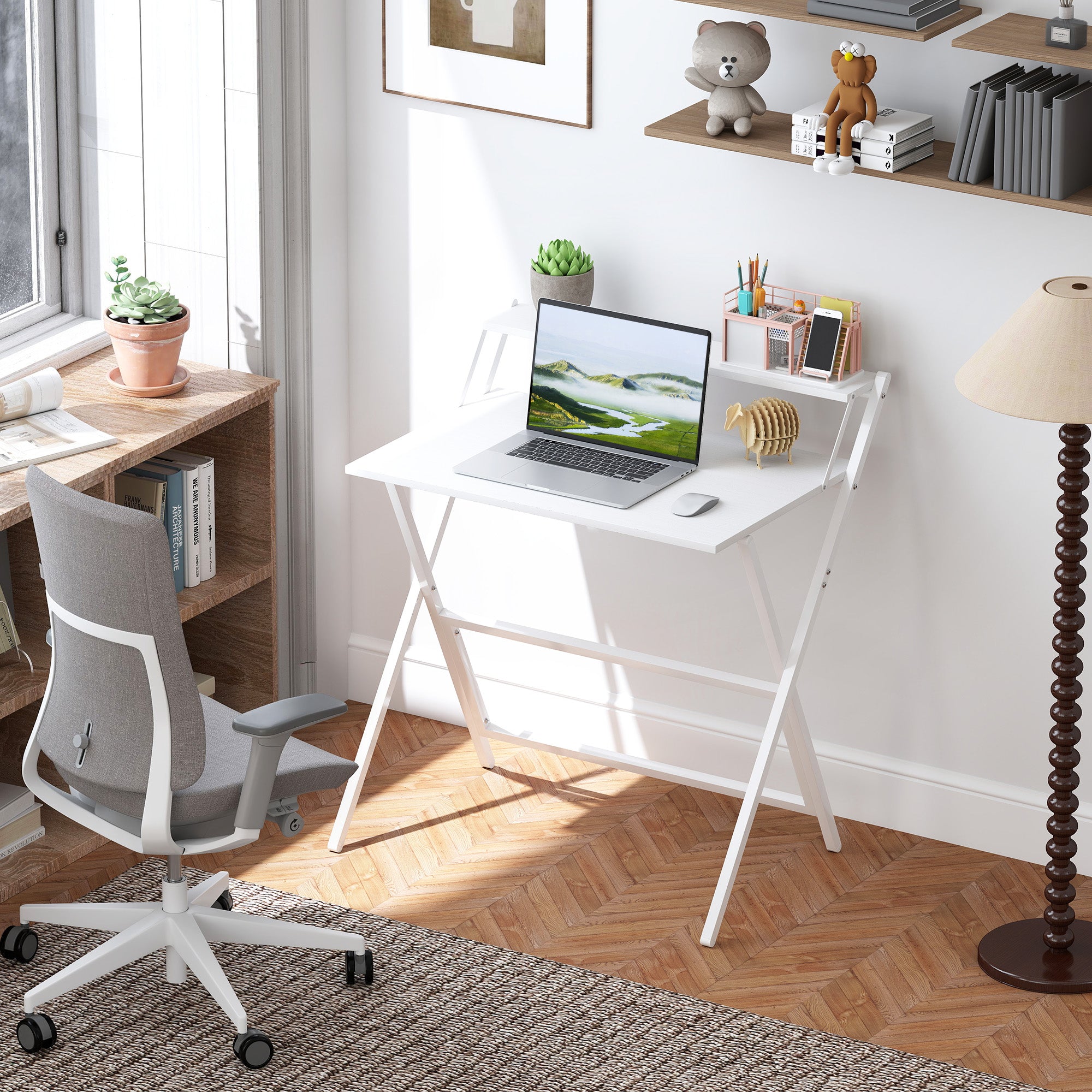 Folding Desk with Monitor Shelf, 81.5x62x86.5 cm, White