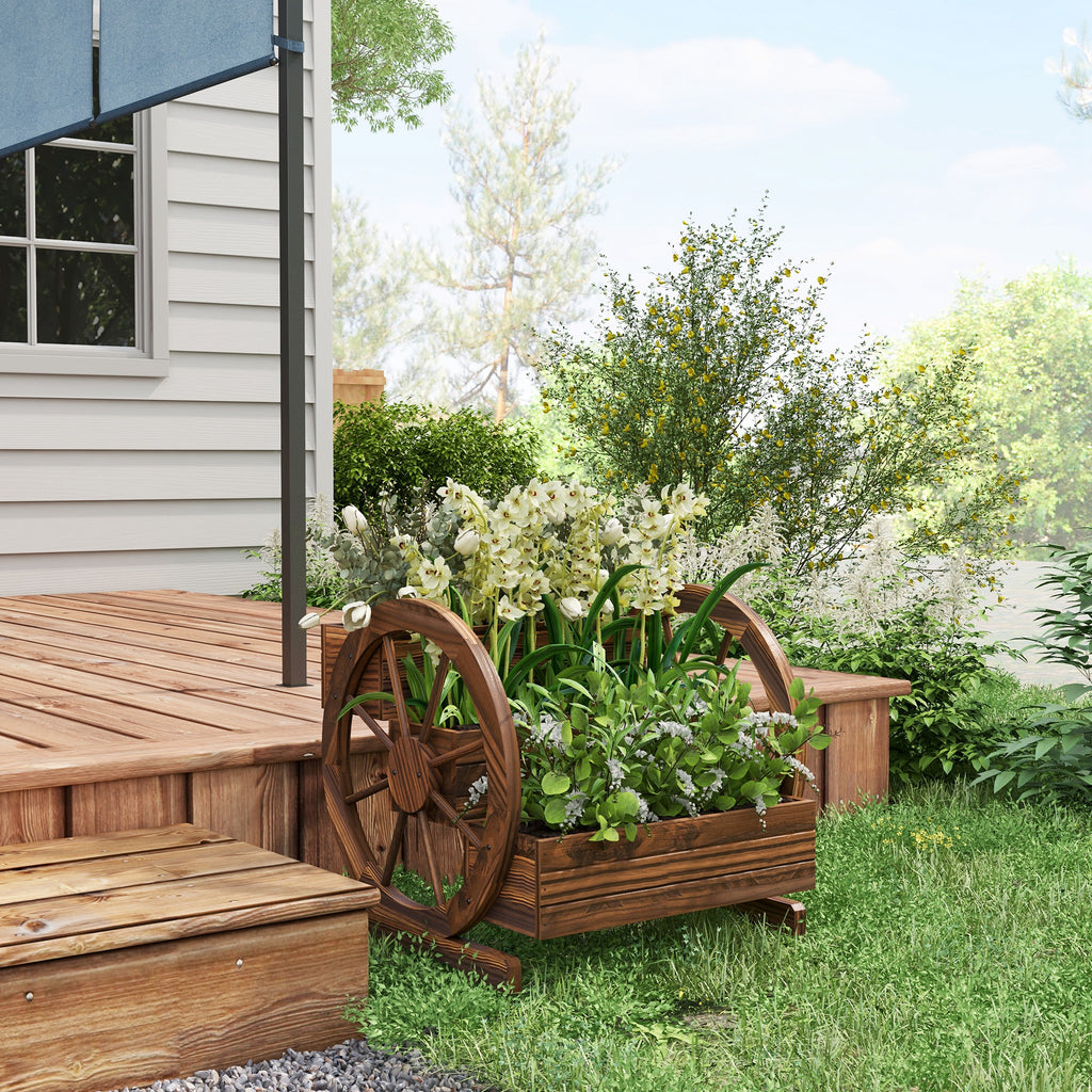 Outsunny 3-Tier Outdoor Planter with Decorative Wheels Made of Carbonized Fir Wood, 62x61x57 cm