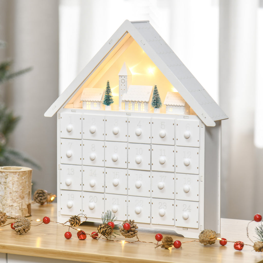 Wooden Advent Calendar to Fill with 24 Drawers and Christmas Village with Trees and Lights, 39x9x42cm