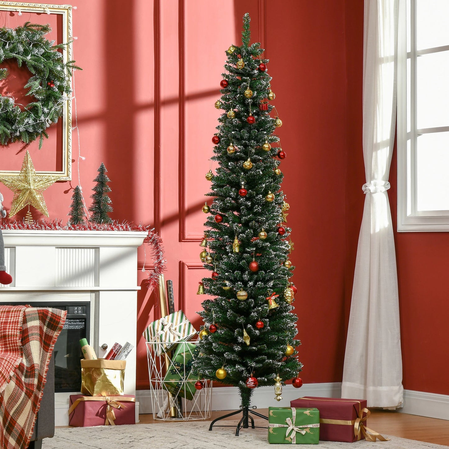 CHRISTMAS TREE - Tall and Narrow Artificial Snowy Christmas Tree with 570 Branches, Removable and Foldable Base, Φ53x190cm, Green