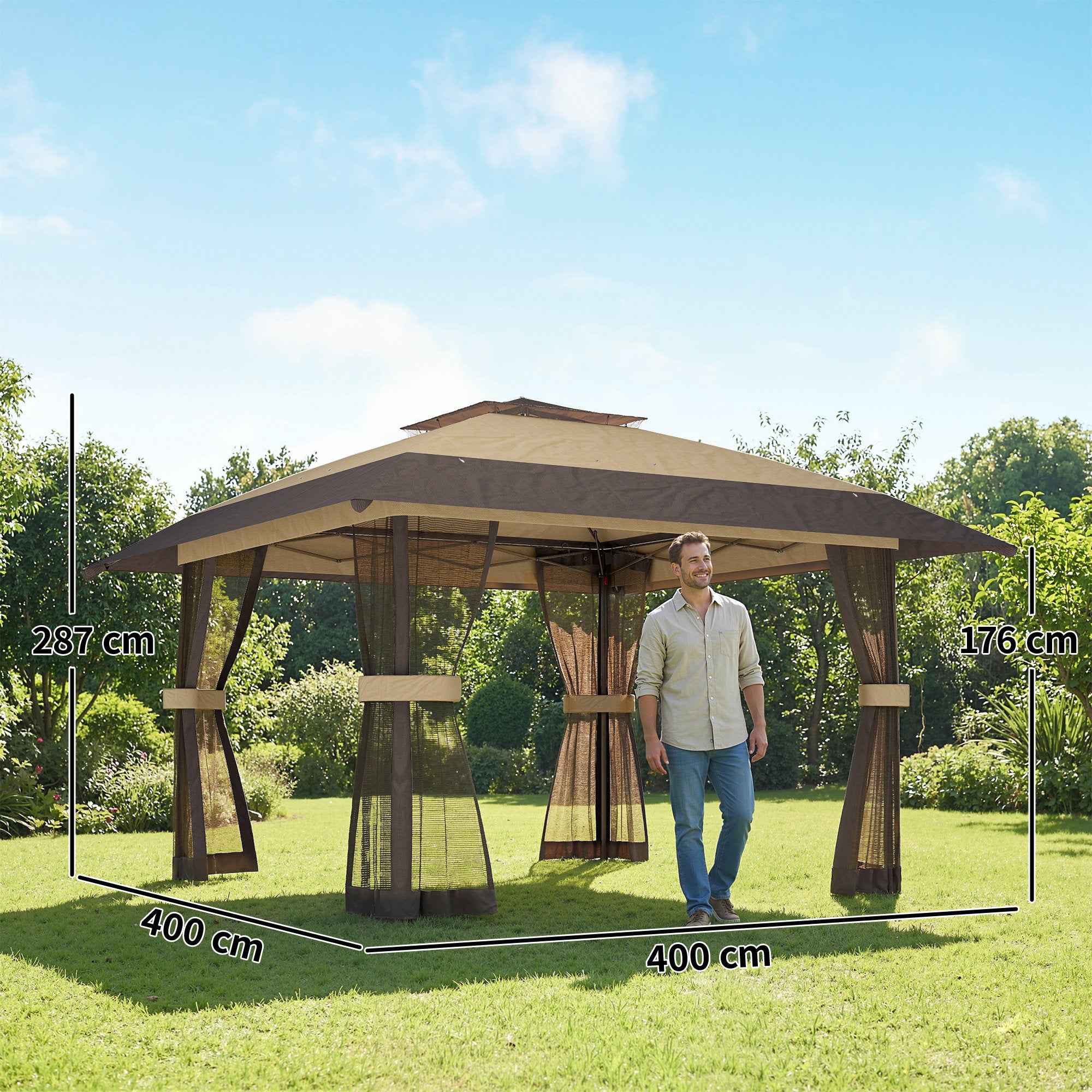 Outsunny 4x4m Folding Gazebo with 4 Side Mosquito Nets, Double Roof, and Sandbags, Khaki and Brown
