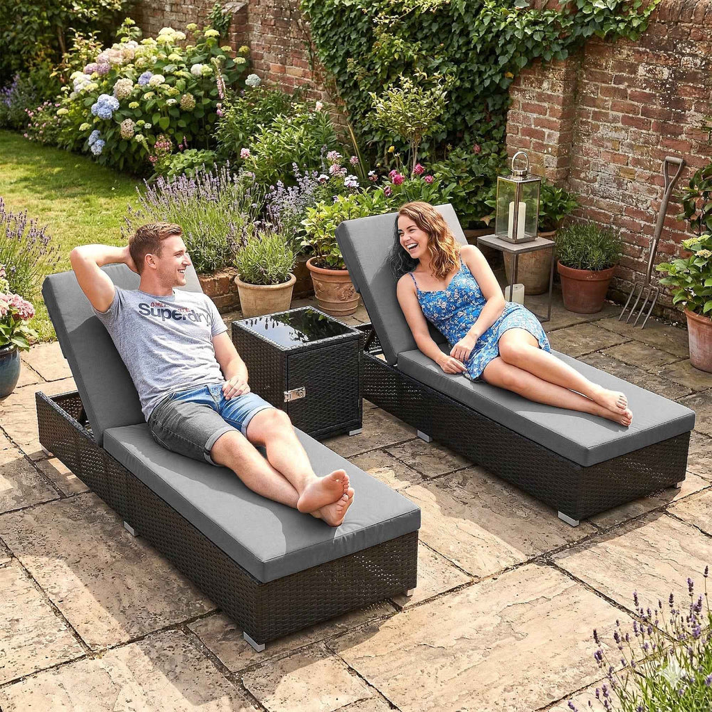 Outsunny Set of 2 Rattan Garden Loungers with Side Table and Adjustable Backrest, 184x60x22 cm, Dark Grey